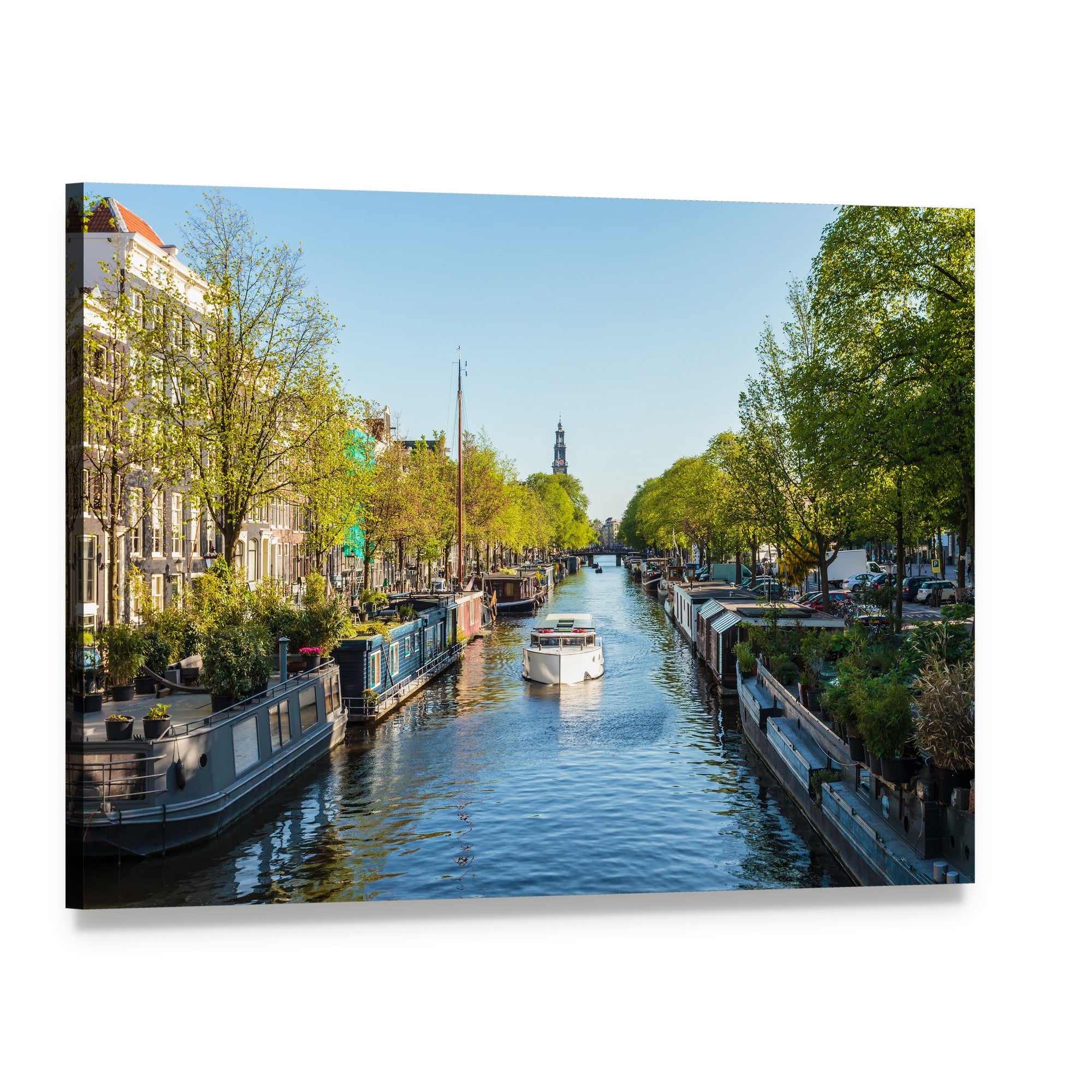 Houseboats on Amsterdam Canal Canvas Wall Art, single panel gallery wrapped canvas, angled product view