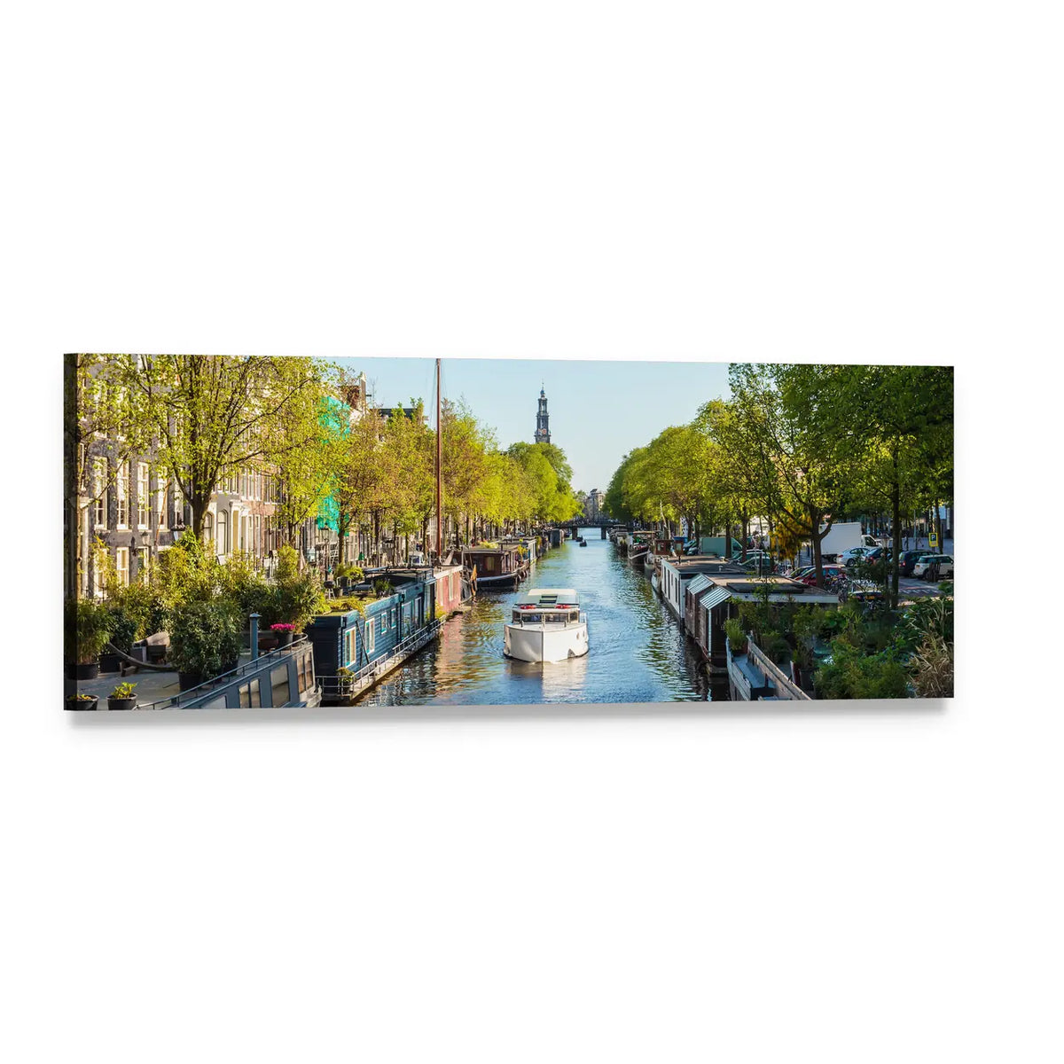 Houseboats Along Green Canal Panoramic Canvas Wall Art, single panel gallery wrapped canvas, angled product view