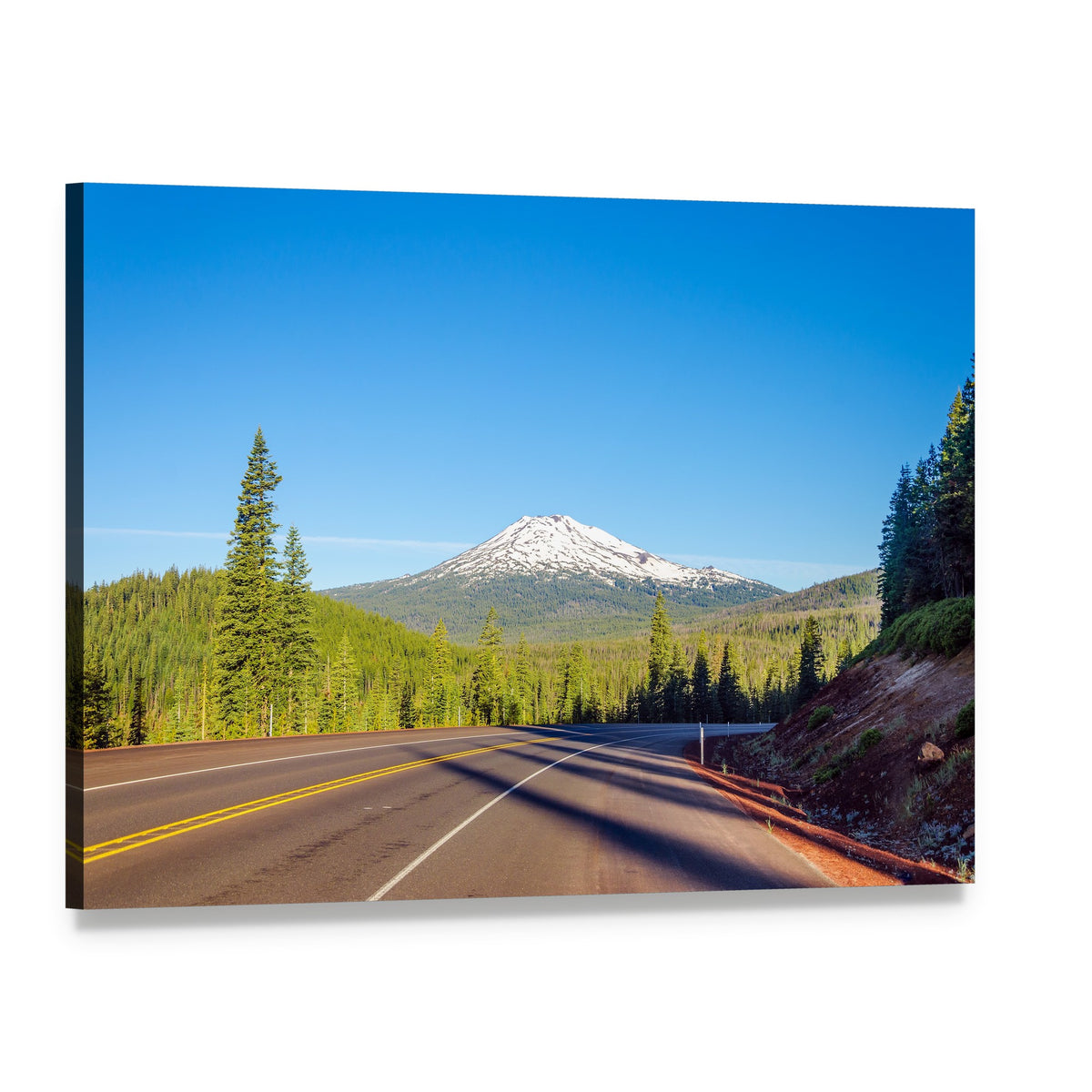 Mt Bachelor Road Through Forest Canvas Wall Art, single panel gallery wrapped canvas, angled product view