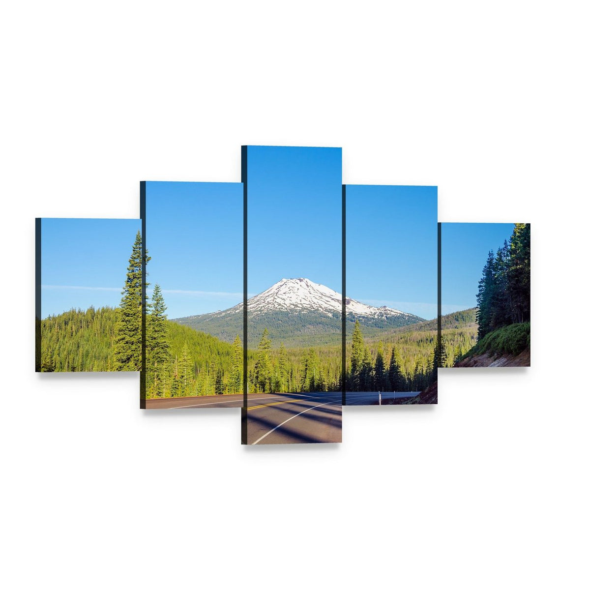 Mt Bachelor Road Through Forest Canvas Wall Art, 5 panel 5 Star layout gallery wrapped canvas set, angled product view