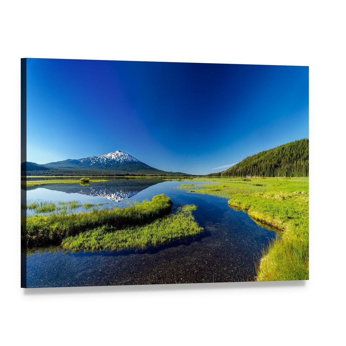 Mount Bachelor Reflected in Lake Canvas Wall Art, single panel gallery wrapped canvas, angled product view