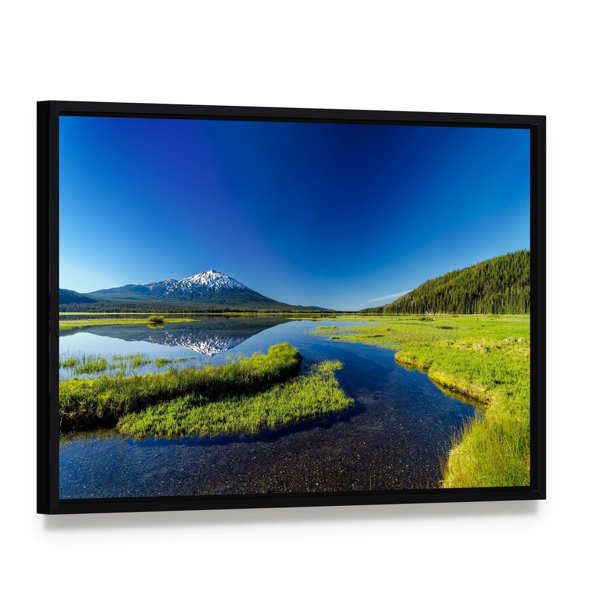Mount Bachelor Reflected in Lake Canvas Wall Art, framed canvas in a black floater frame, angled product view