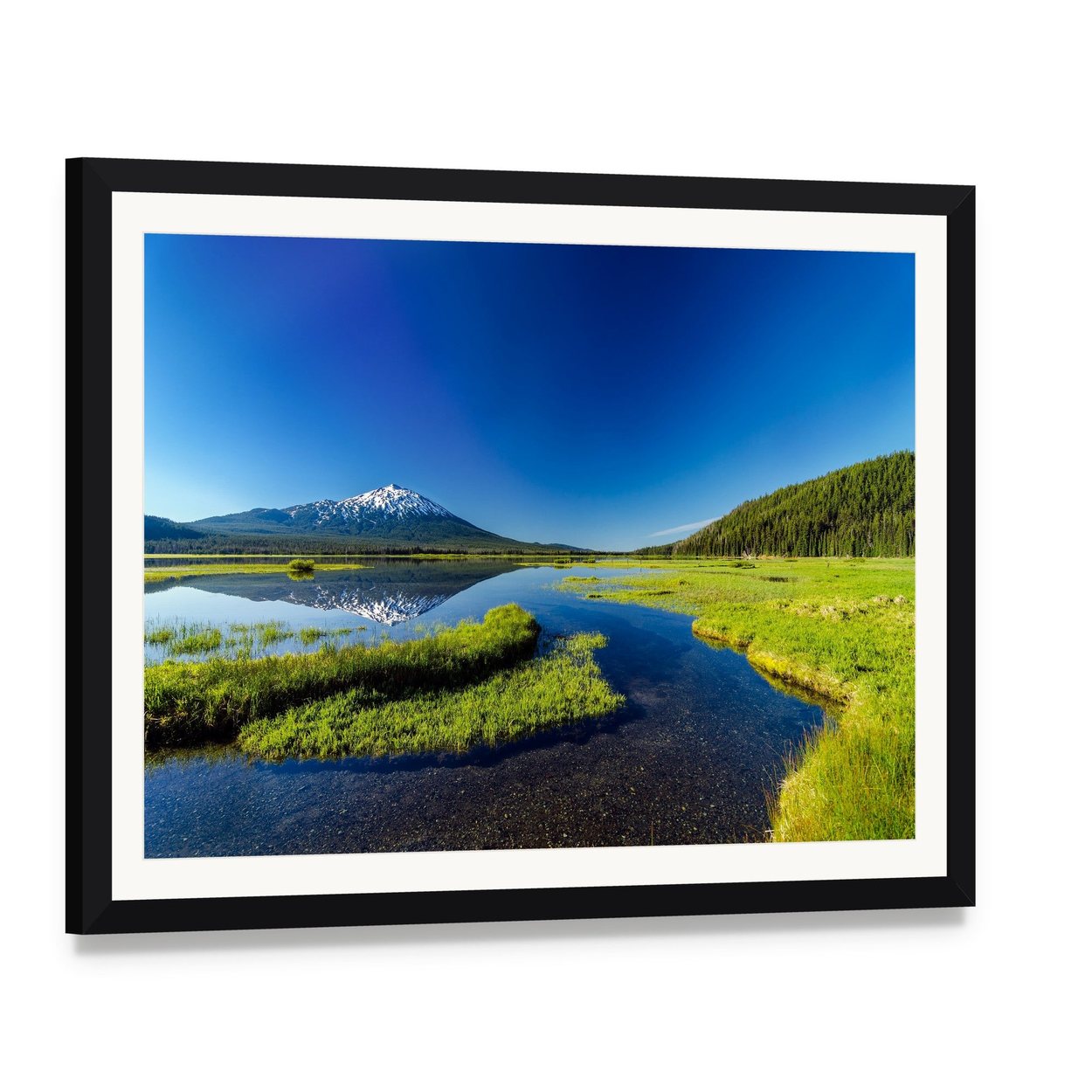 Mount Bachelor Reflected in Lake Canvas Wall Art, framed print with white mat and black frame, angled product view