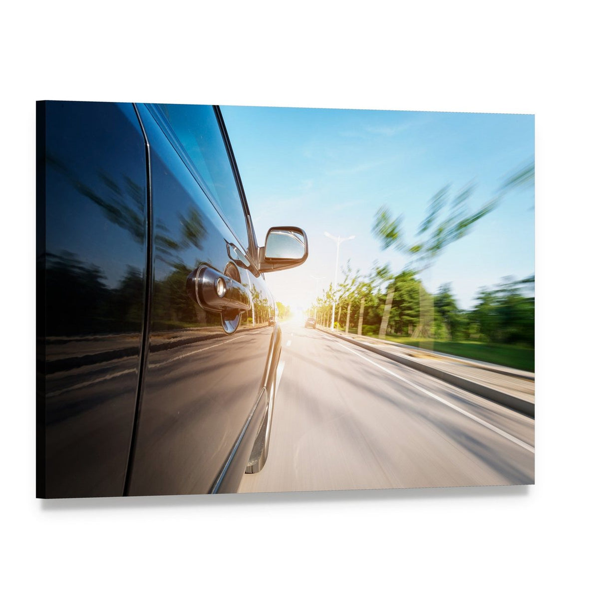 Black Car with Motion Blur Canvas Wall Art, single panel gallery wrapped canvas, angled product view