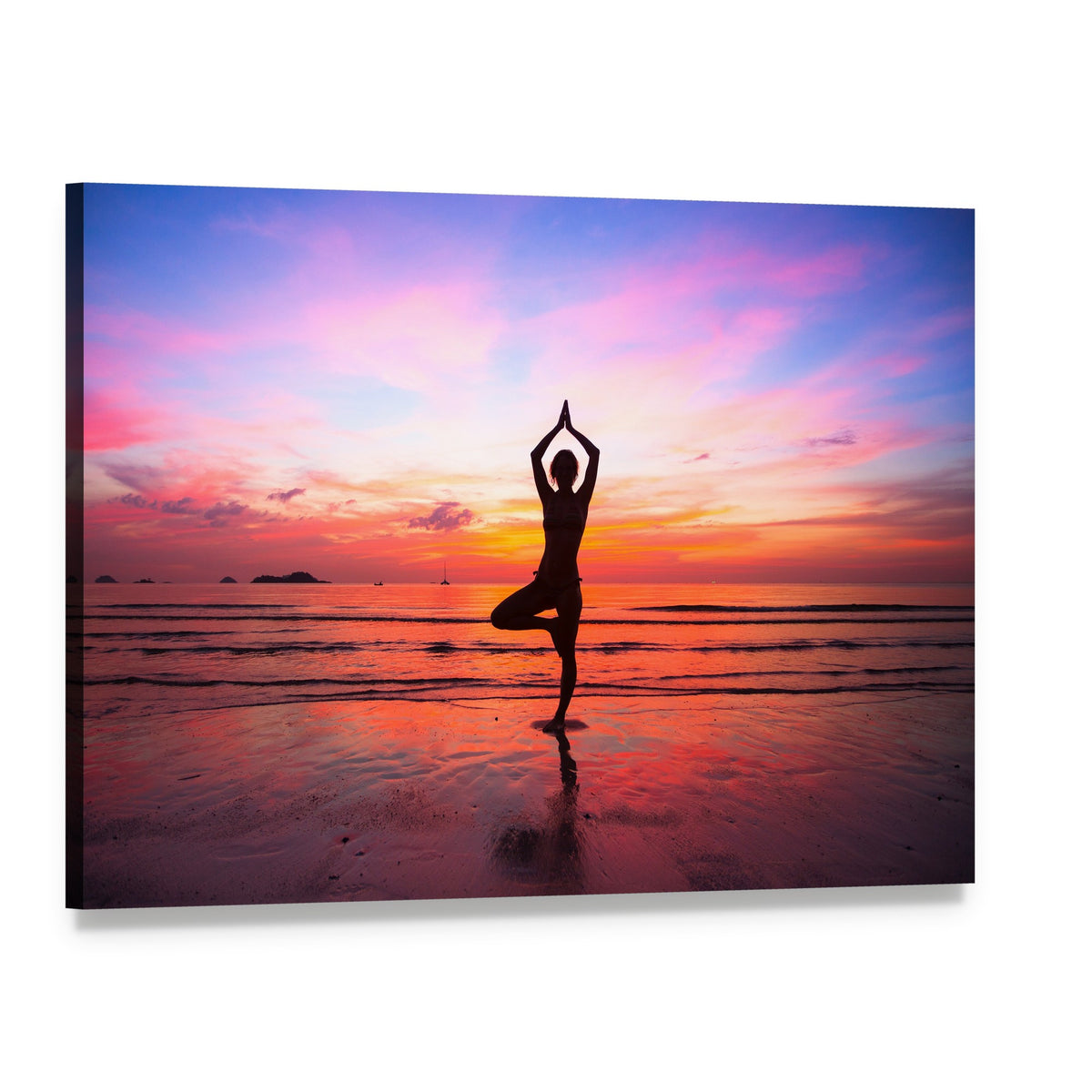Silhouette Woman Yoga at the Seaside Sunset Canvas Wall Art, single panel gallery wrapped canvas, angled product view