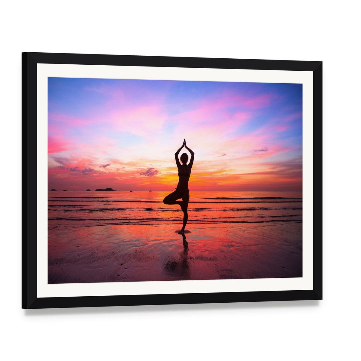 Silhouette Woman Yoga at the Seaside Sunset Canvas Wall Art, framed print with white mat and black frame, angled product view