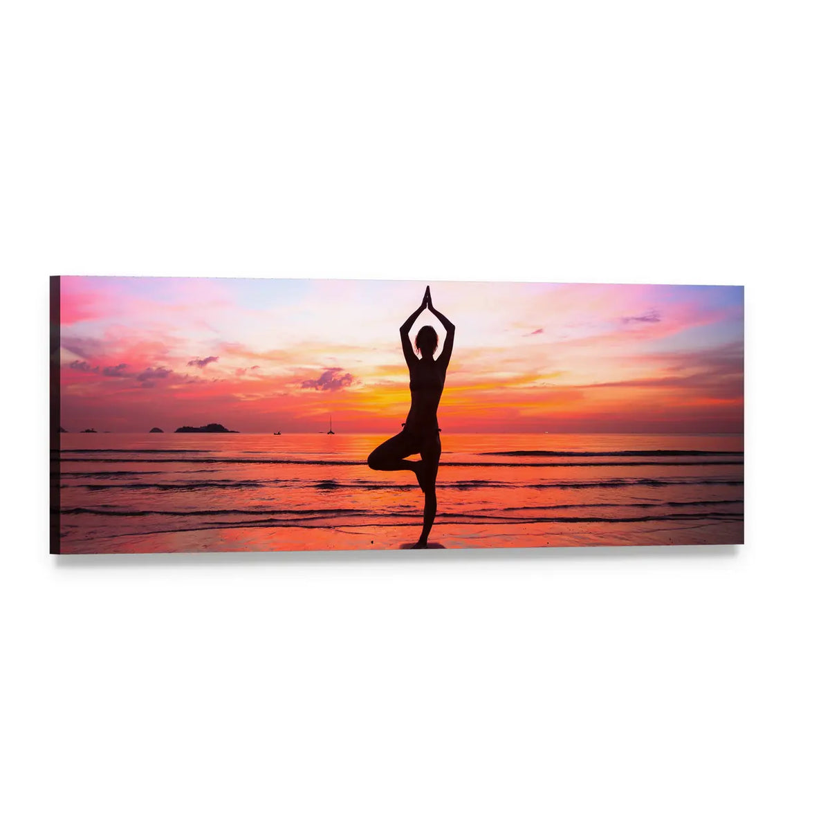 Seaside Yoga Silhouette at Sunset Panoramic Canvas Wall Art, single panel gallery wrapped canvas, angled product view