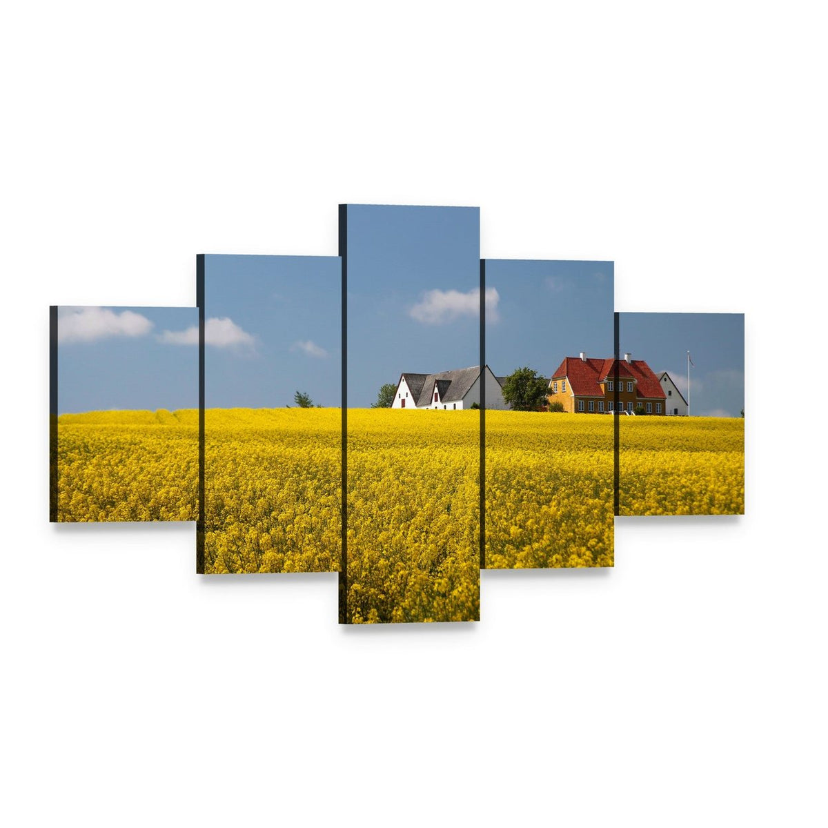 Farmhouses in a Yellow Flower Field Canvas Wall Art, 5 panel 5 Star layout gallery wrapped canvas set, angled product view