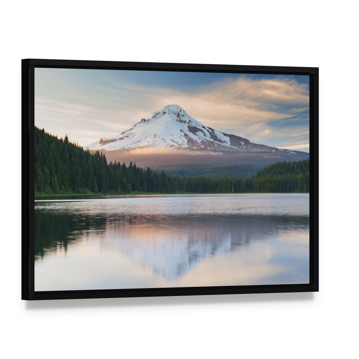 Snow-capped Volcano with Lake Reflection Canvas Wall Art, framed canvas in a black floater frame, angled product view