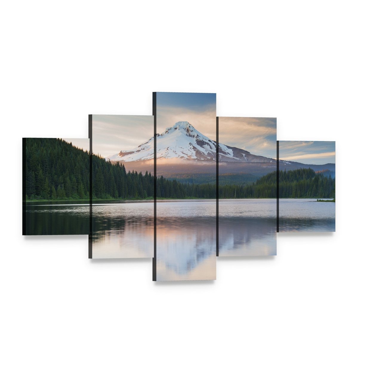 Snow-capped Volcano with Lake Reflection Canvas Wall Art, 5 panel 5 Star layout gallery wrapped canvas set, angled product view