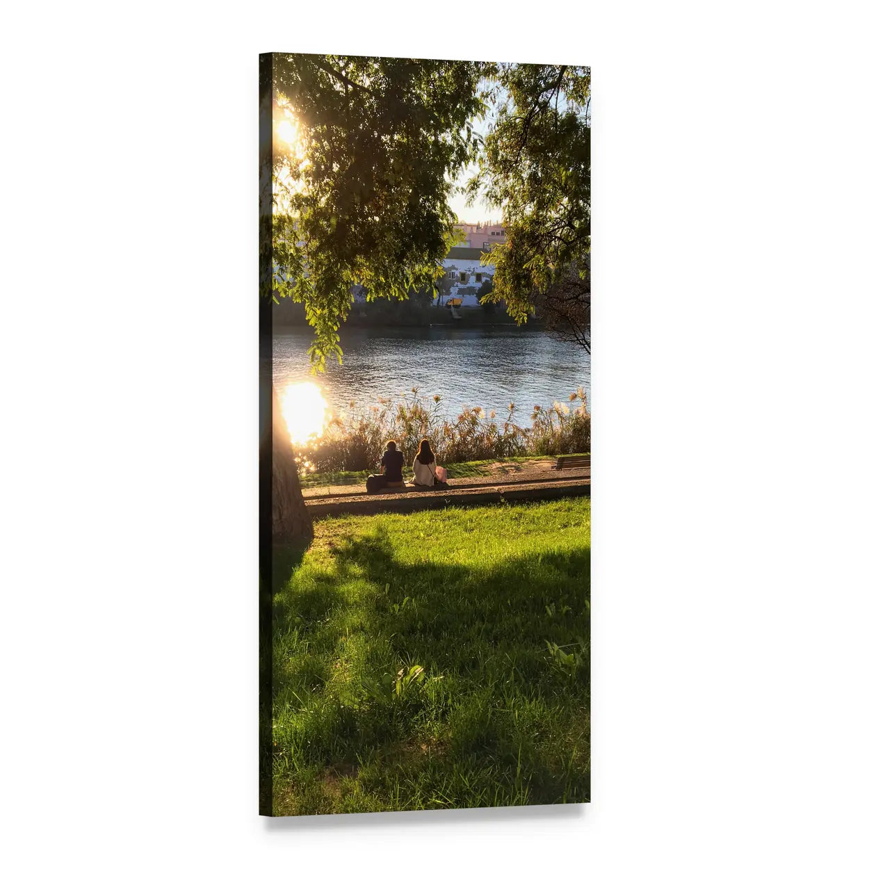 Sunset Riverbank with Two Silhouetted Figures Vertical Canvas Wall Art, 1 panel 1 Vertical layout gallery wrapped canvas set, angled product view