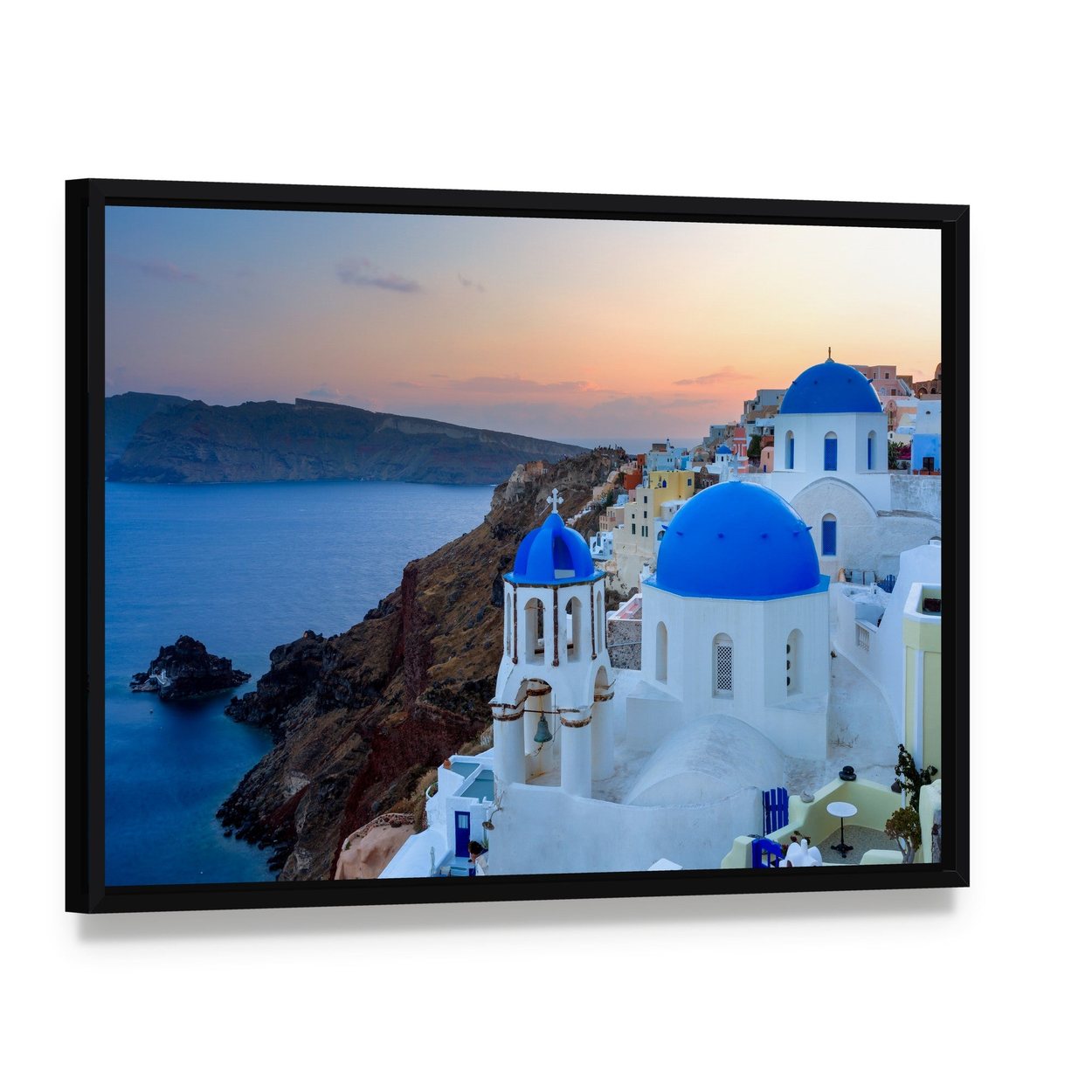 Serene Blue Domed Church in Santorini Canvas Wall Art, framed canvas in a black floater frame, angled product view