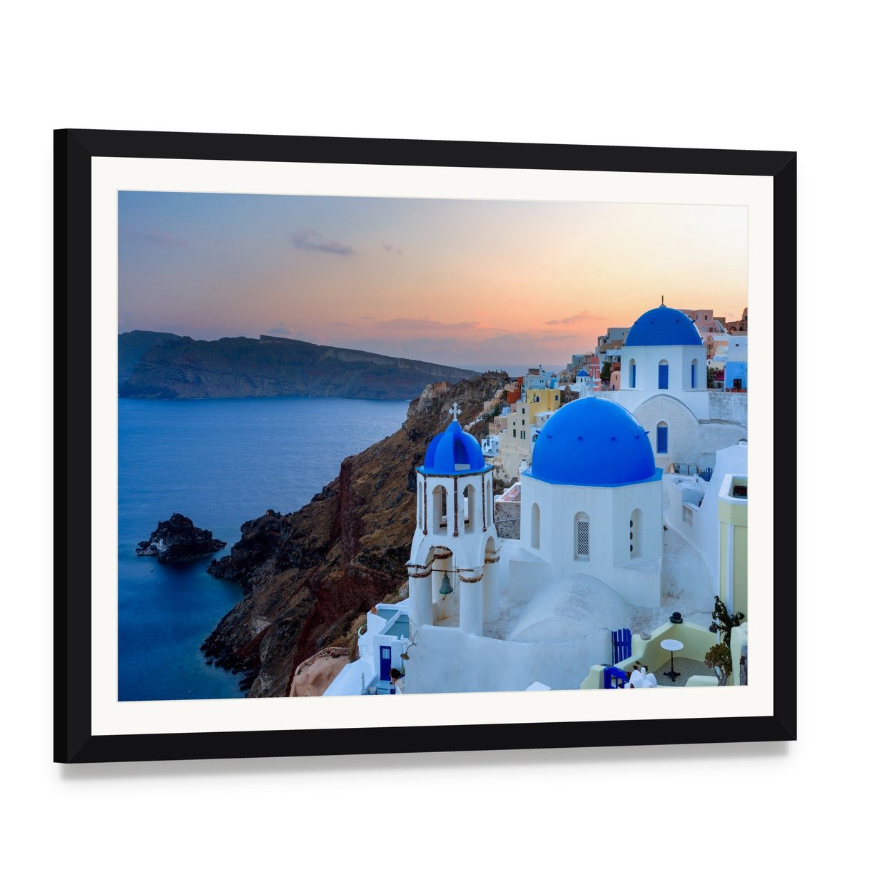 Serene Blue Domed Church in Santorini Canvas Wall Art, framed print with white mat and black frame, angled product view