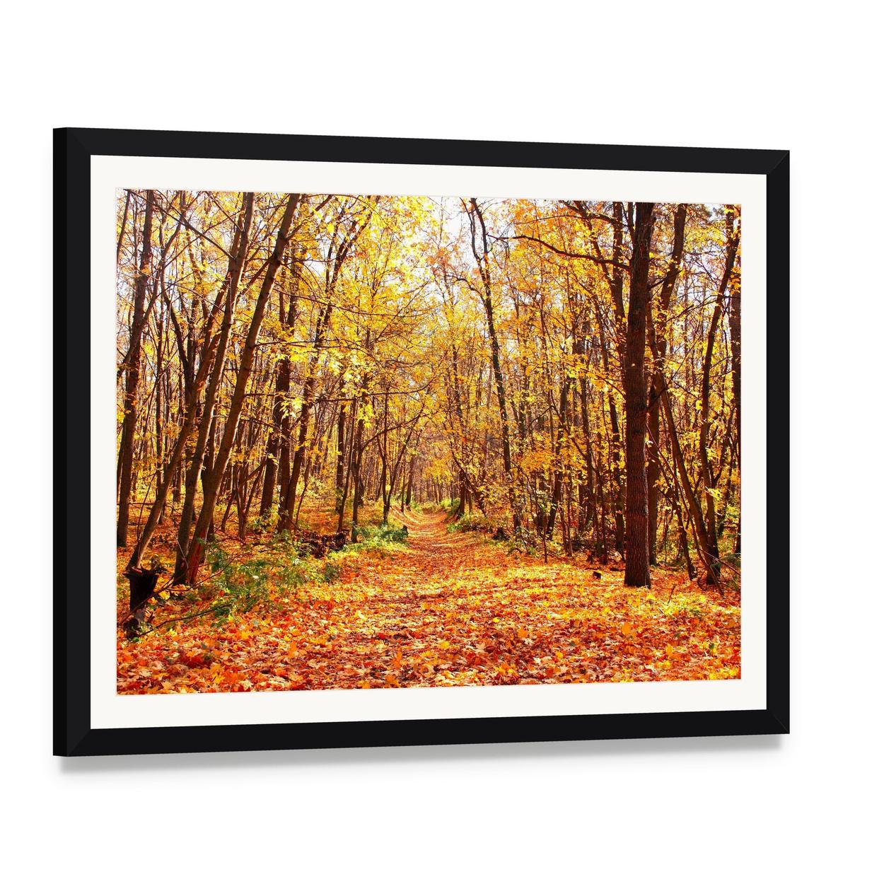 Autumn Forest Landscape Canvas Wall Art, framed print with white mat and black frame, angled product view
