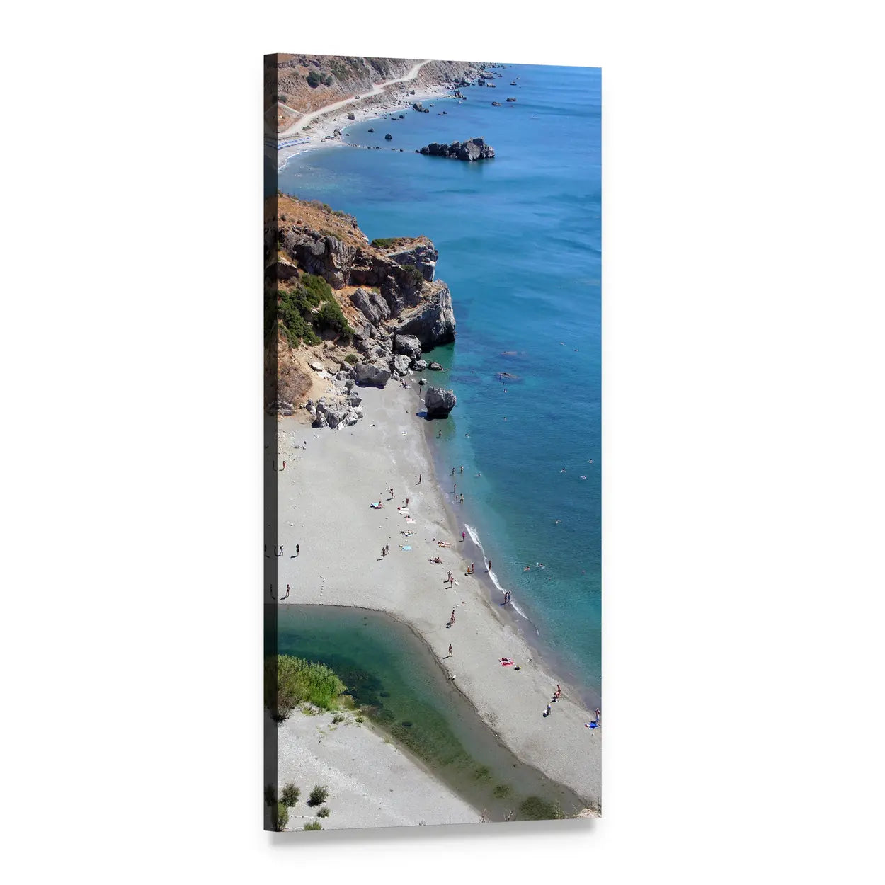 Greek Beach with River Mouth Vertical Canvas Wall Art, 1 panel 1 Vertical layout gallery wrapped canvas set, angled product view
