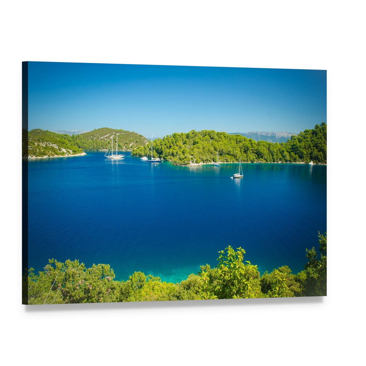 Mljet Coastline with Four Sailboats Canvas Wall Art, single panel gallery wrapped canvas, angled product view