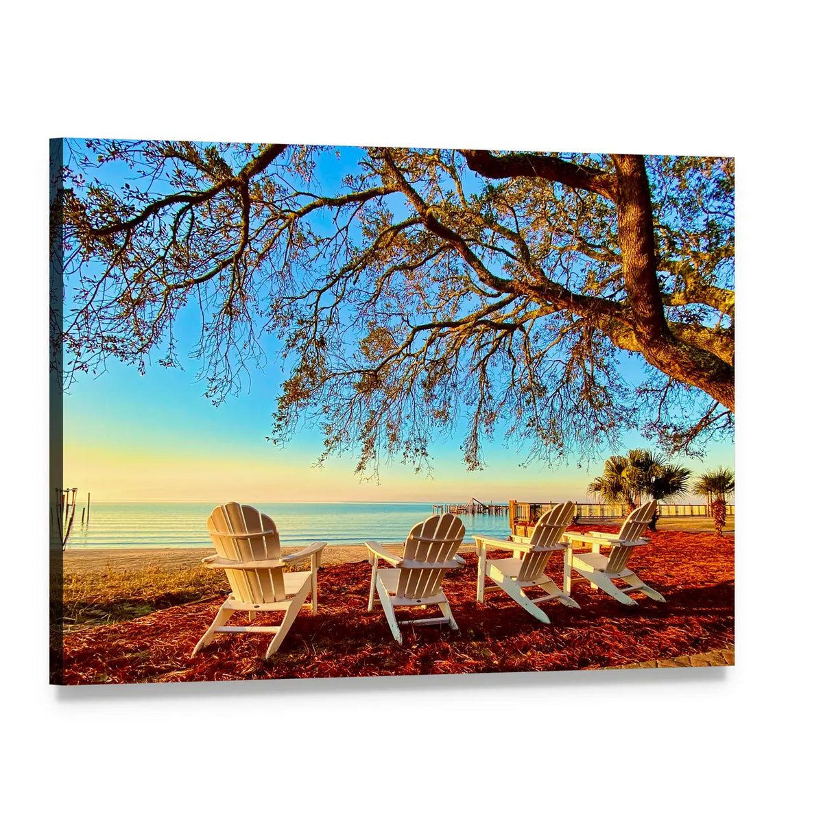 Four White Adirondack Chairs at Sunset Canvas Wall Art, single panel gallery wrapped canvas, angled product view