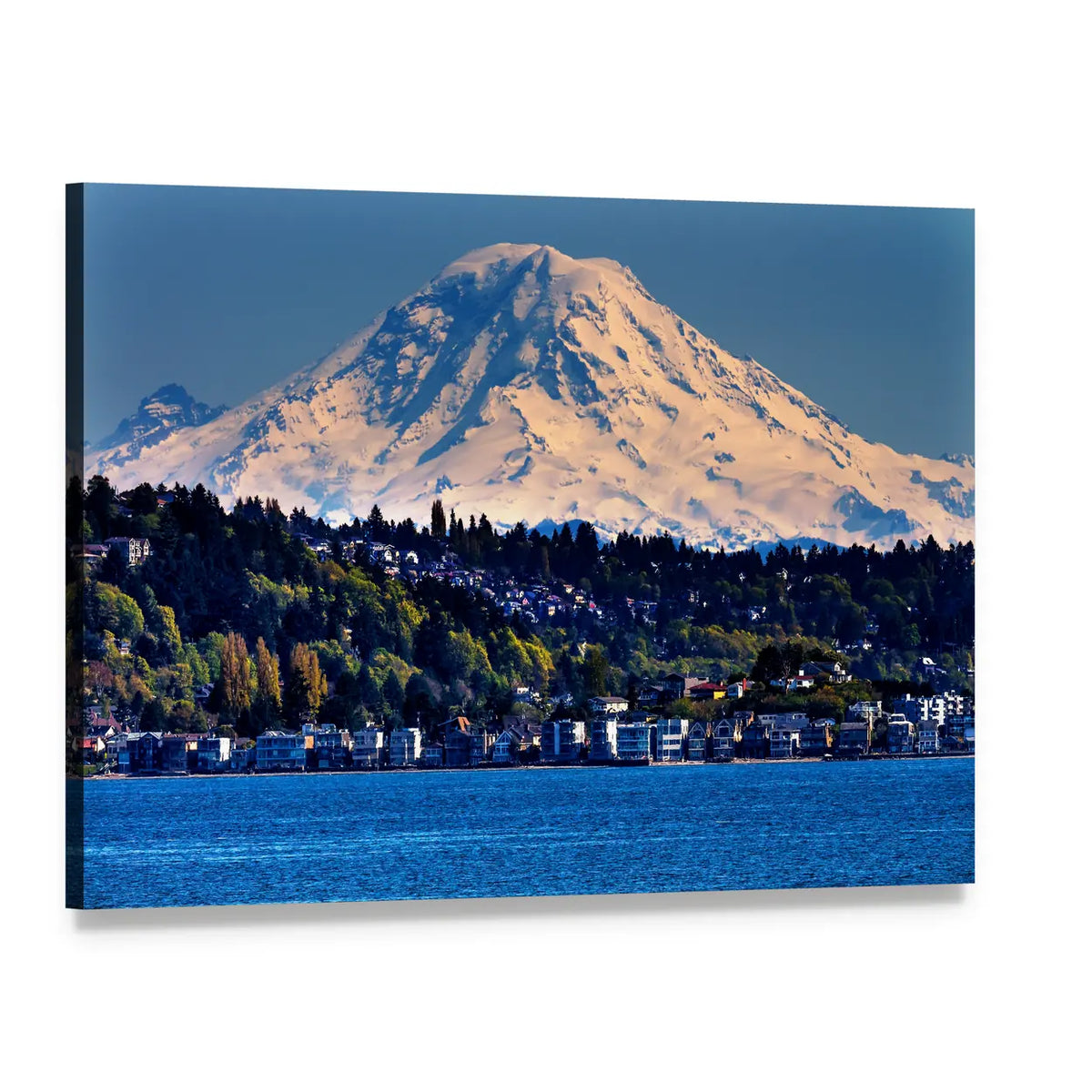 Mount Rainier Above Coastal Town Canvas Wall Art, single panel gallery wrapped canvas, angled product view