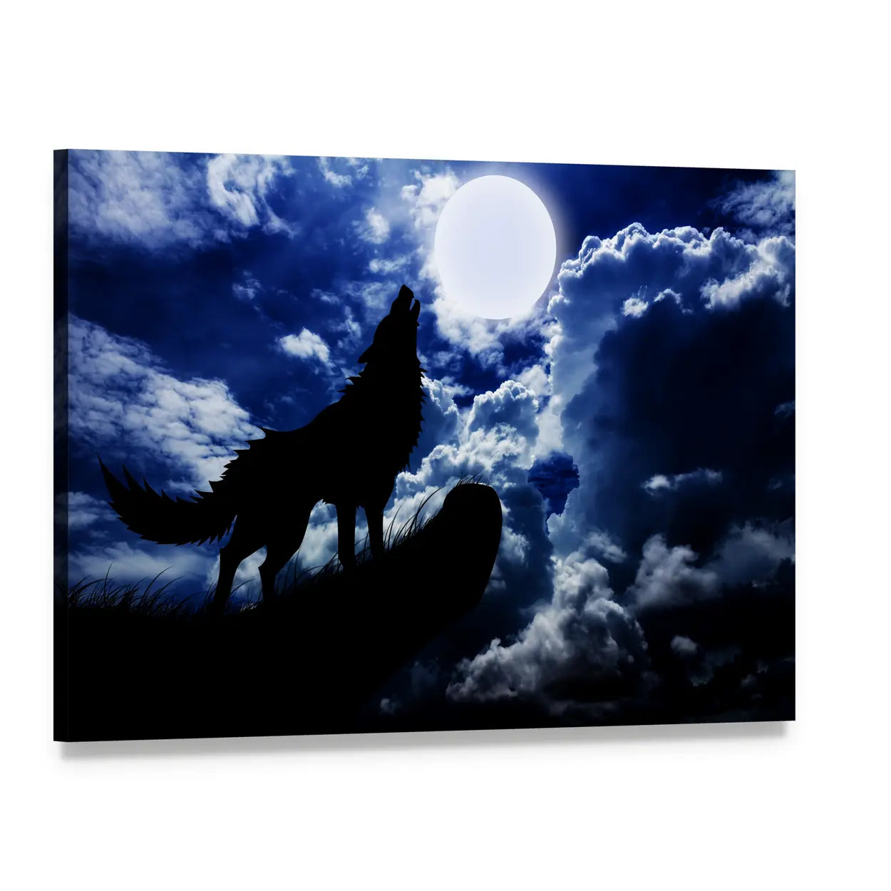Wolf Howling Under Full Moon Canvas Wall Art, single panel gallery wrapped canvas, angled product view