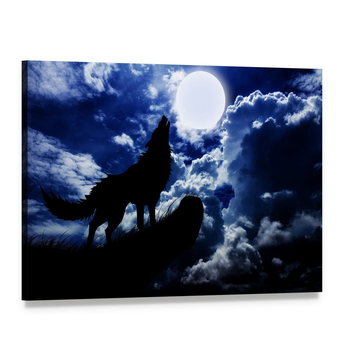 Wolf Howling Under Moon Canvas Wall Art, single panel gallery wrapped canvas, angled product view