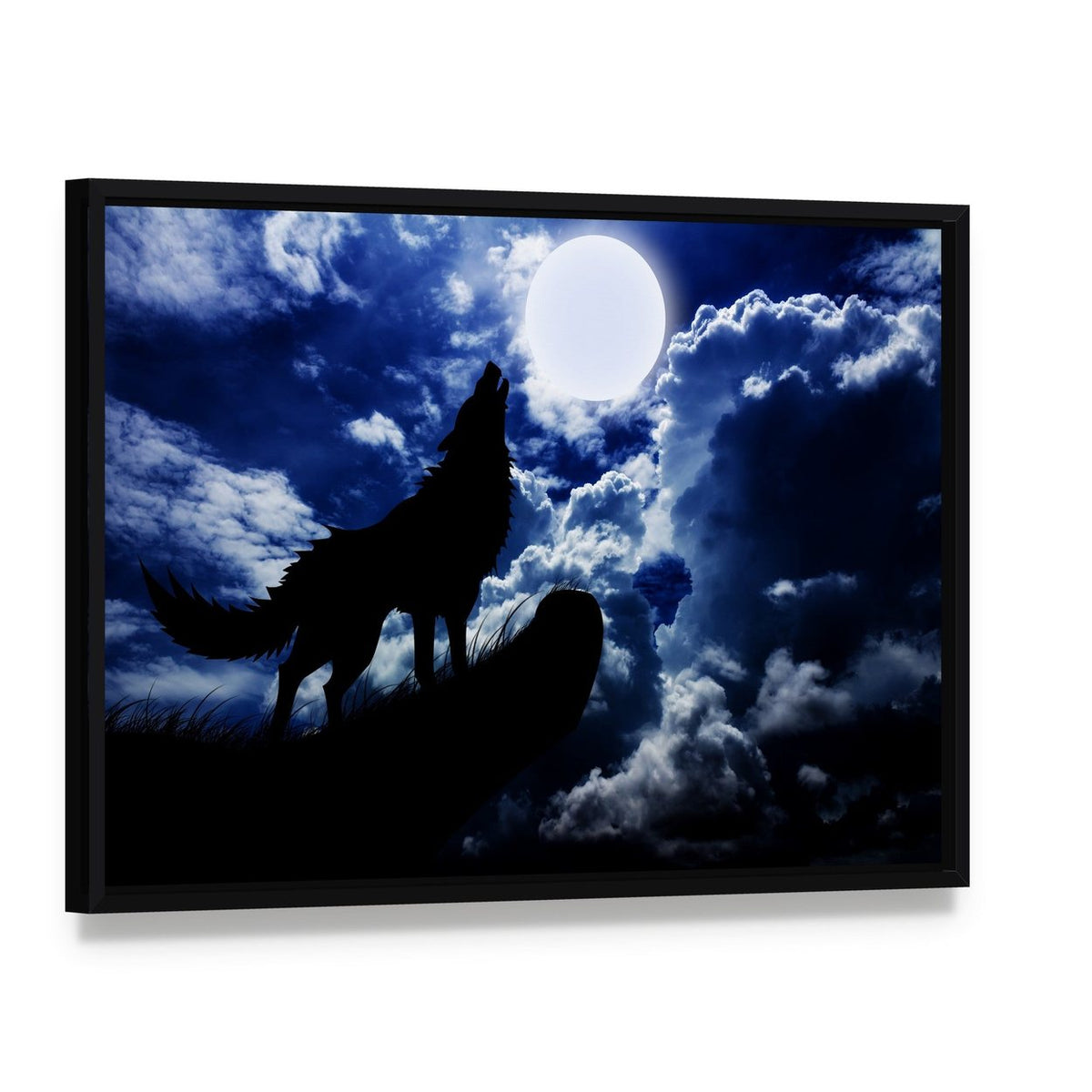 Wolf Howling Under Moon Canvas Wall Art, framed canvas in a black floater frame, angled product view