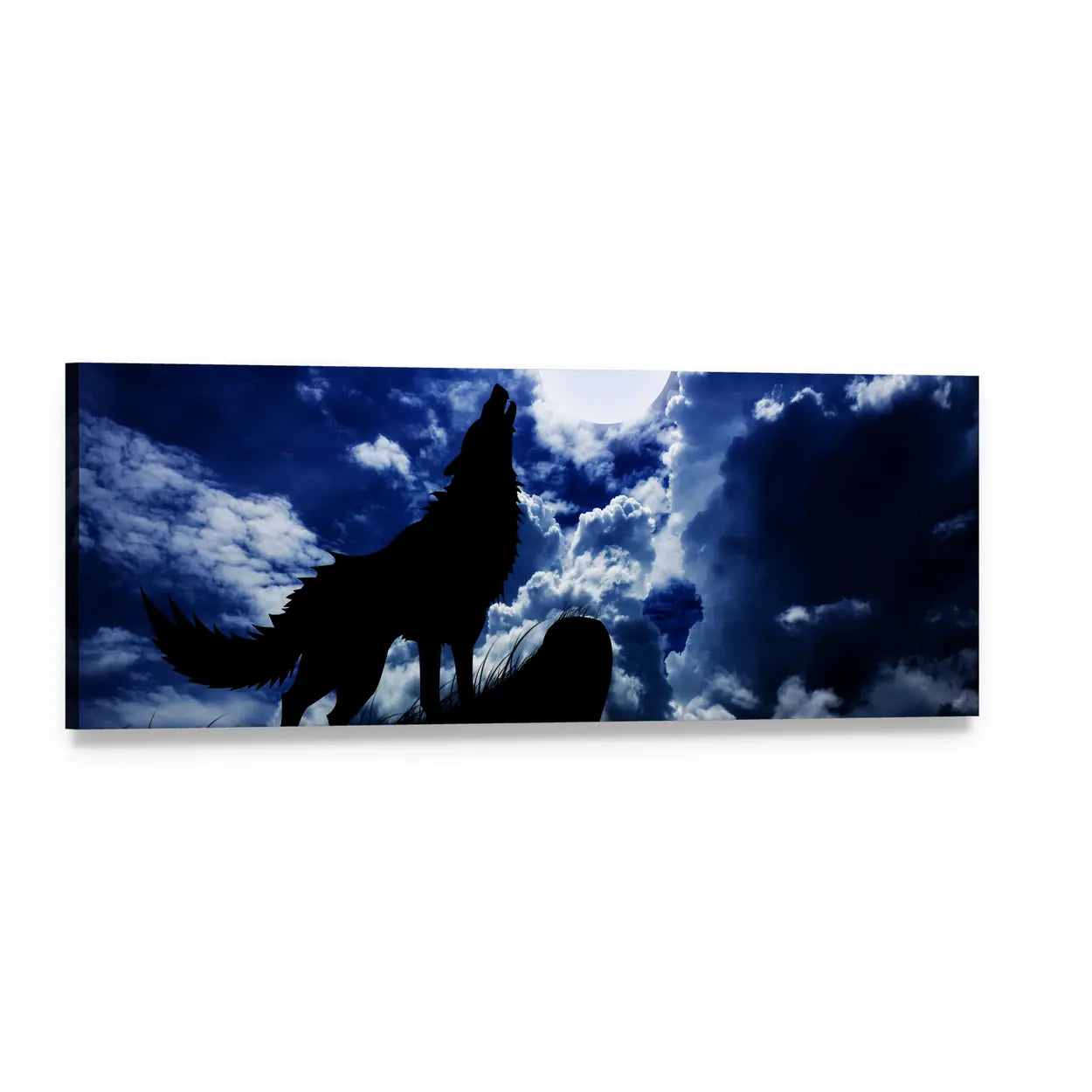 Wolf Howling Under Full Moon Panoramic Canvas Wall Art, single panel gallery wrapped canvas, angled product view