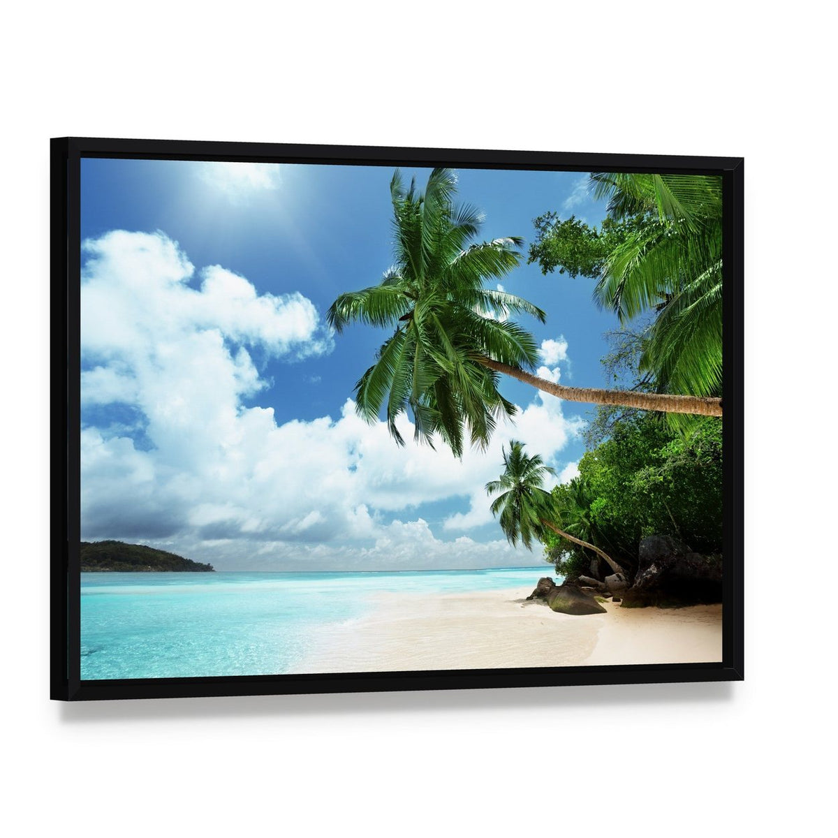 Mahe Island Seychelles Canvas Wall Art, framed canvas in a black floater frame, angled product view