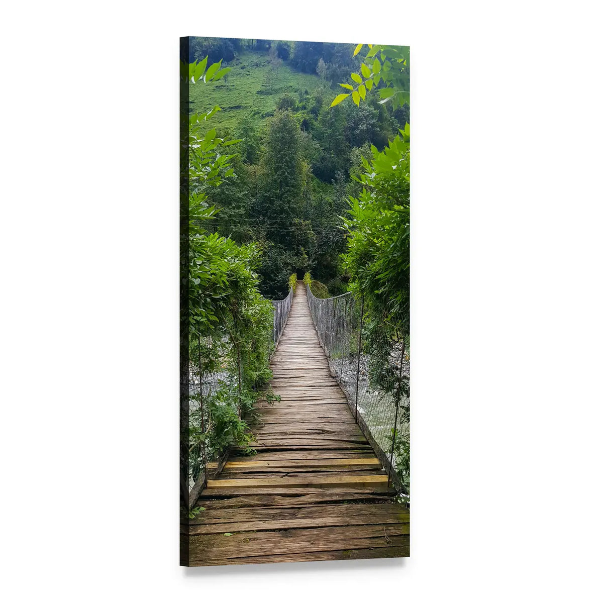 Wooden Suspension Bridge in Forest Vertical Canvas Wall Art, 1 panel 1 Vertical layout gallery wrapped canvas set, angled product view