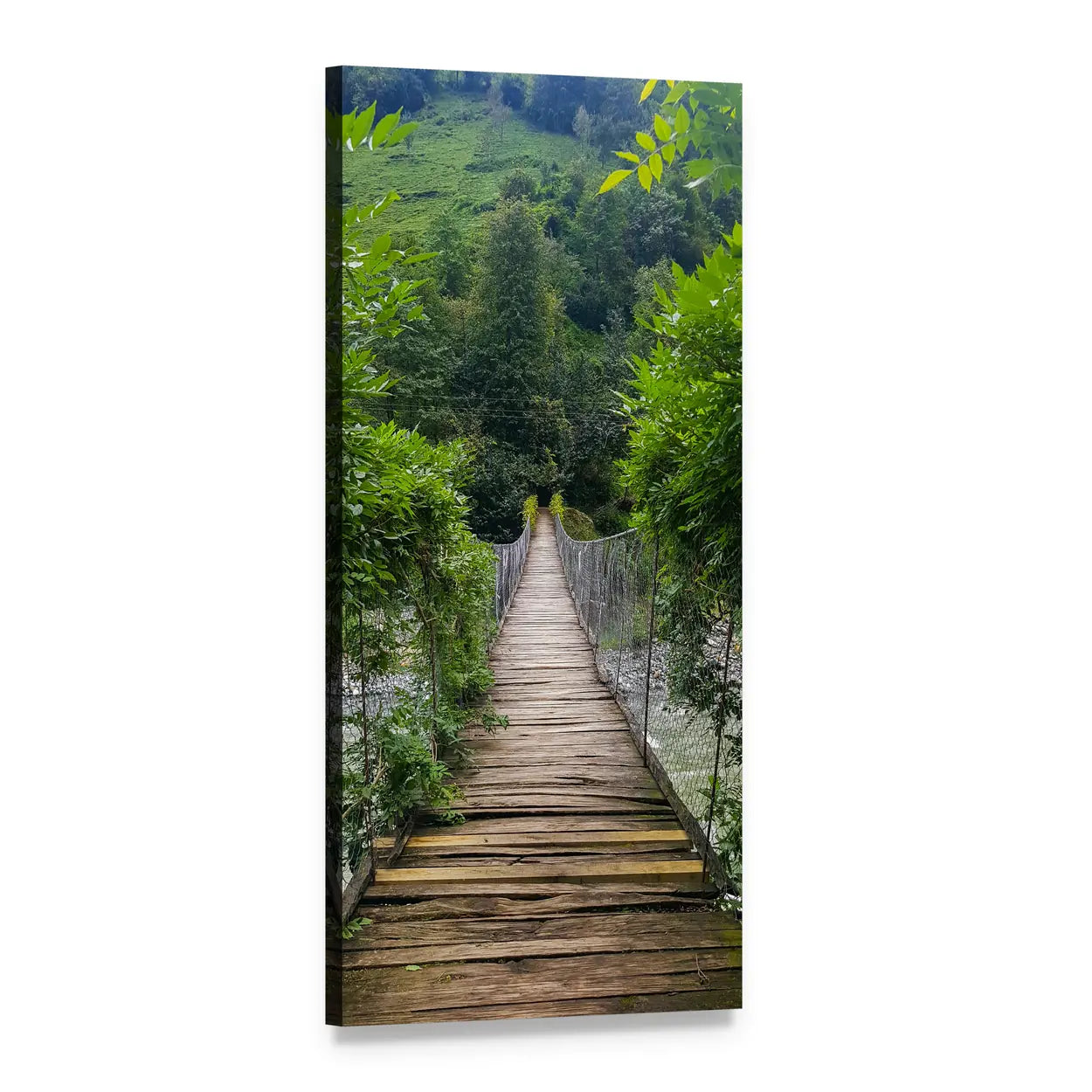 Wooden Suspension Bridge in Forest Vertical Canvas Wall Art, 1 panel 1 Vertical layout gallery wrapped canvas set, angled product view