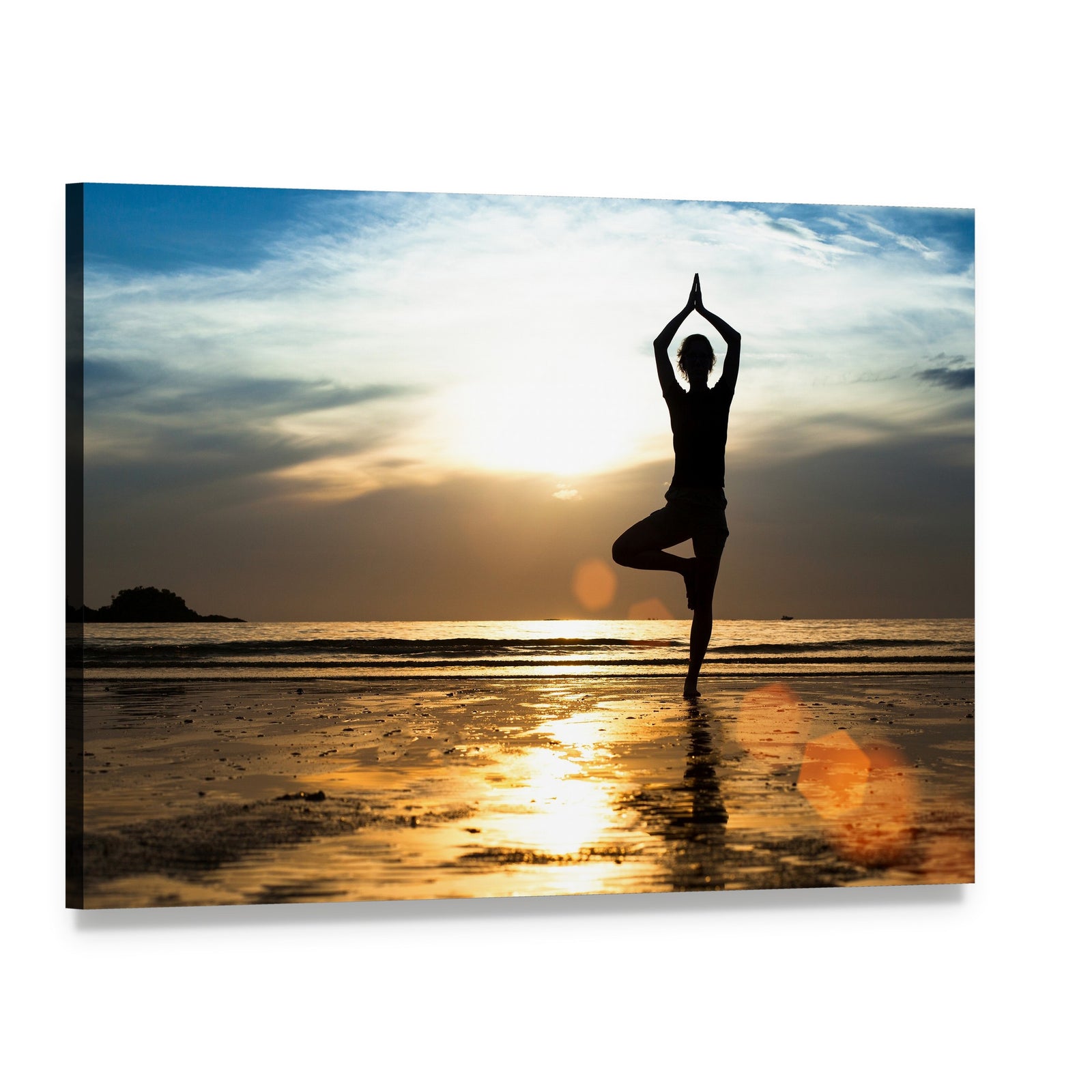 Silhouette of a Woman Practicing Yoga at Sunset Canvas Wall Art, single panel gallery wrapped canvas, angled product view