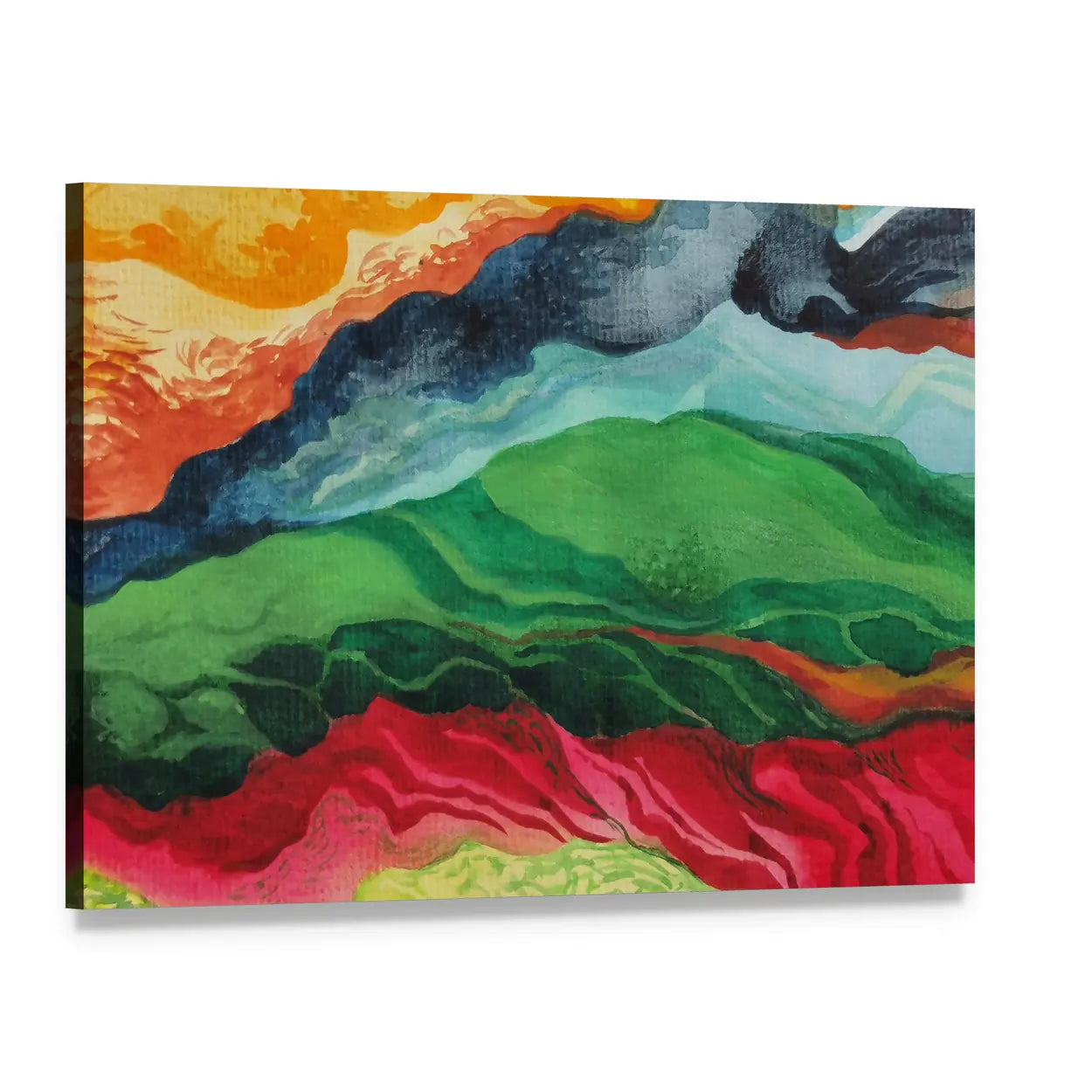 Vintage African Fabric Abstract Landscape Canvas Wall Art, single panel gallery wrapped canvas, angled product view
