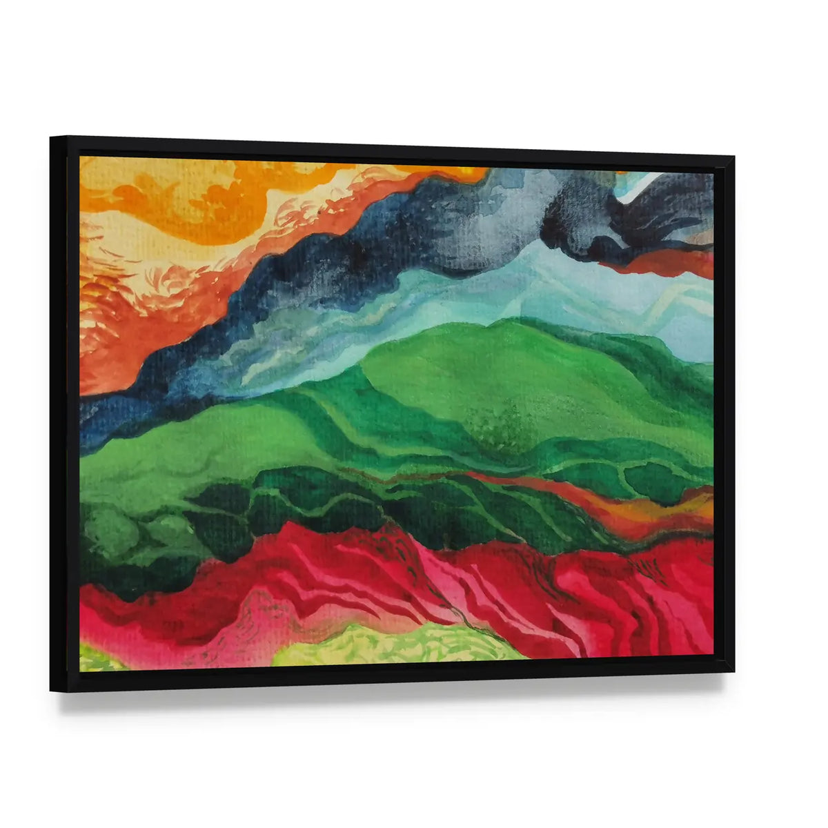 Vintage African Fabric Abstract Landscape Canvas Wall Art, framed canvas in a black floater frame, angled product view