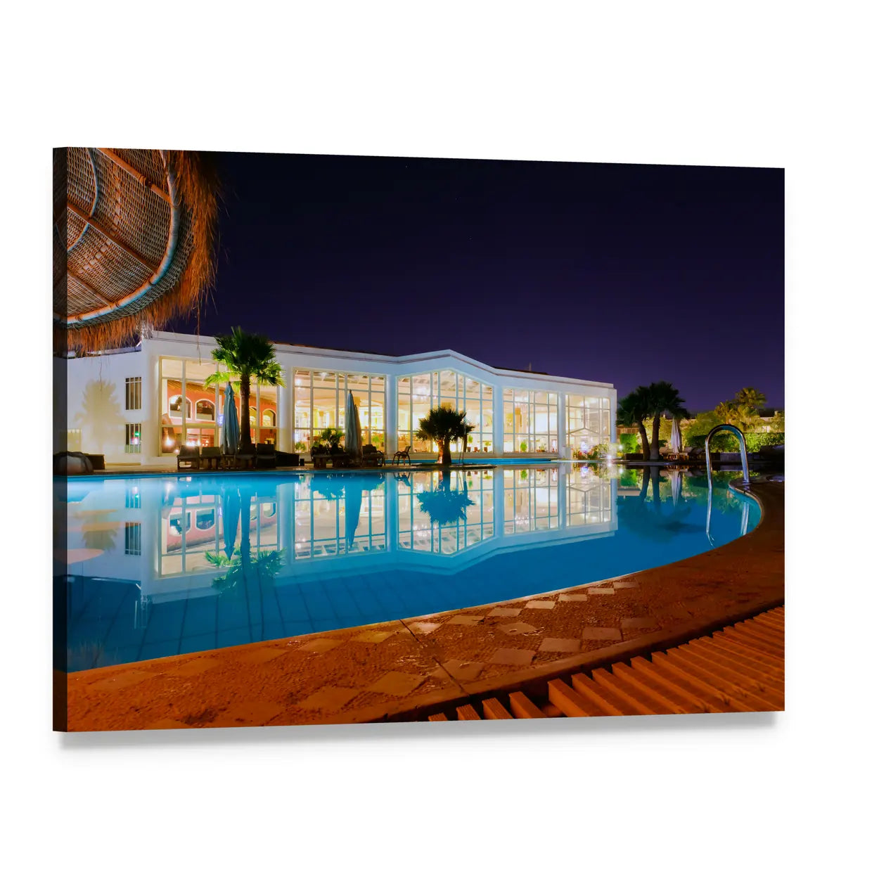 Luxury Resort Pool at Night Canvas Wall Art, single panel gallery wrapped canvas, angled product view