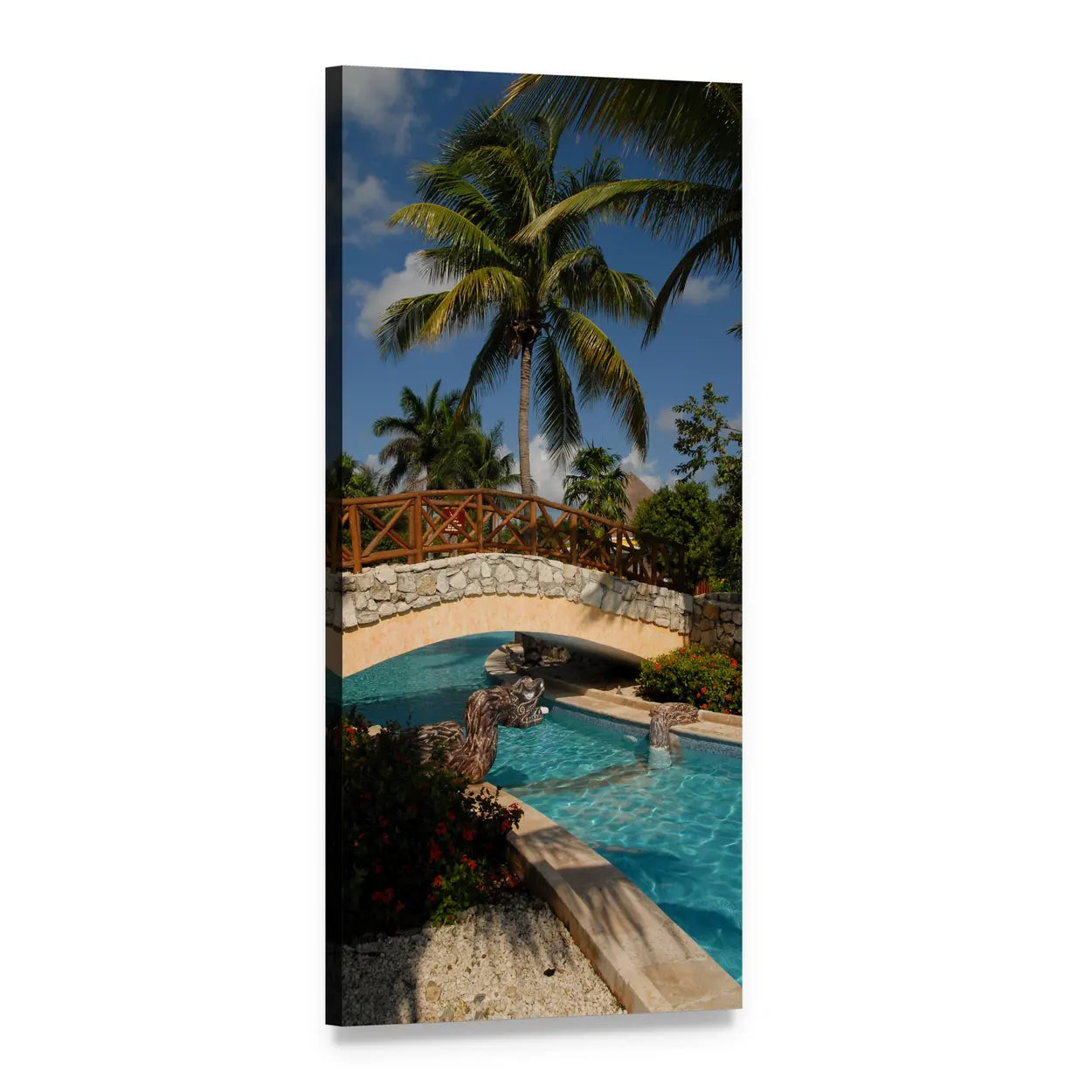 Cancun Pool with Stone Bridge Vertical Canvas Wall Art, 1 panel 1 Vertical layout gallery wrapped canvas set, angled product view