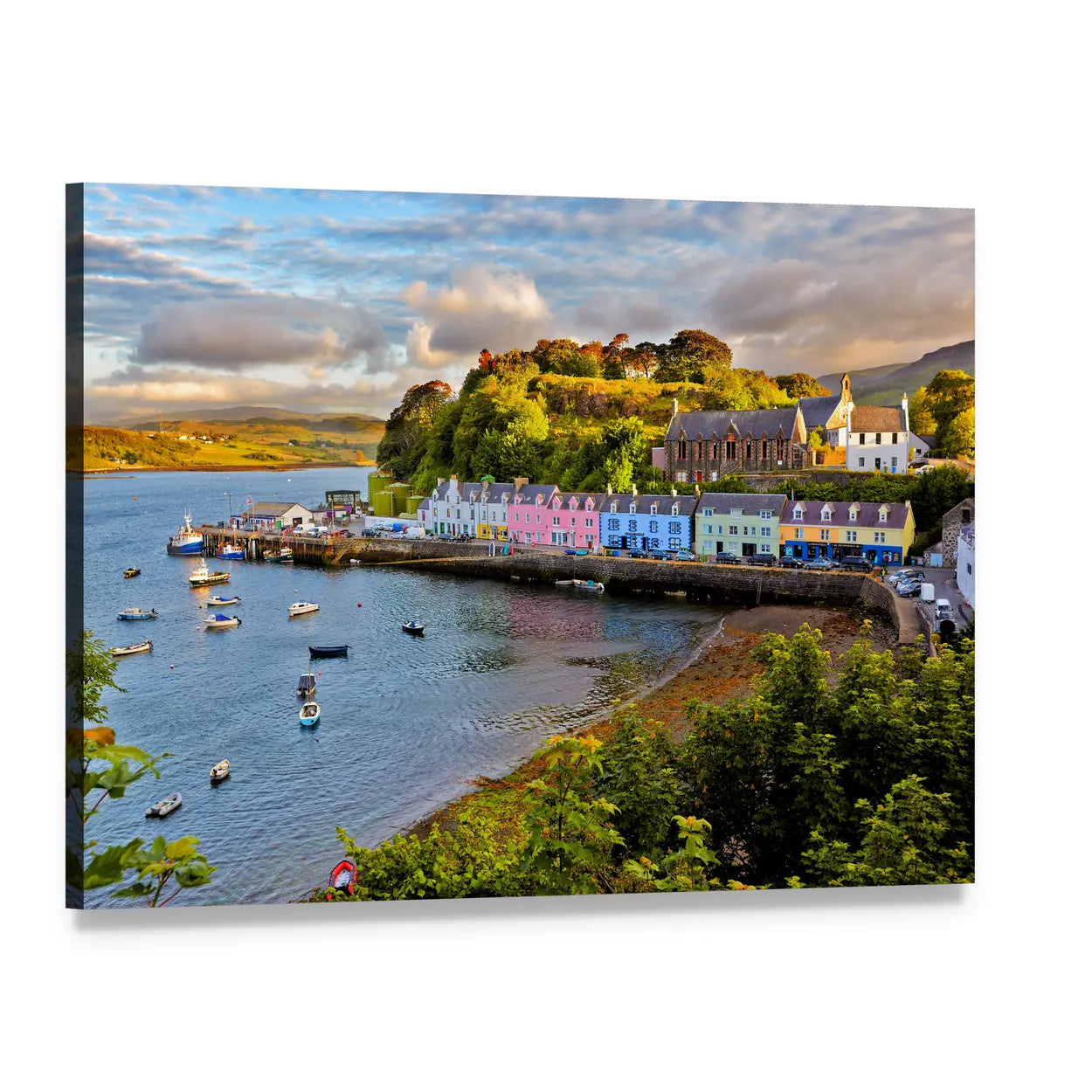 Portree Harbor Before Sunset Canvas Wall Art, single panel gallery wrapped canvas, angled product view