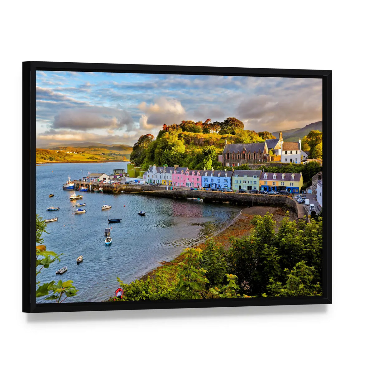 Portree Harbor Before Sunset Canvas Wall Art, framed canvas in a black floater frame, angled product view