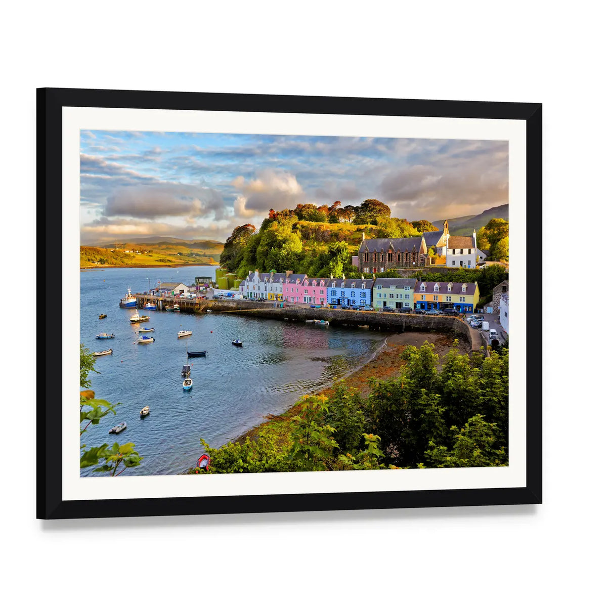 Portree Harbor Before Sunset Canvas Wall Art, framed print with white mat and black frame, angled product view