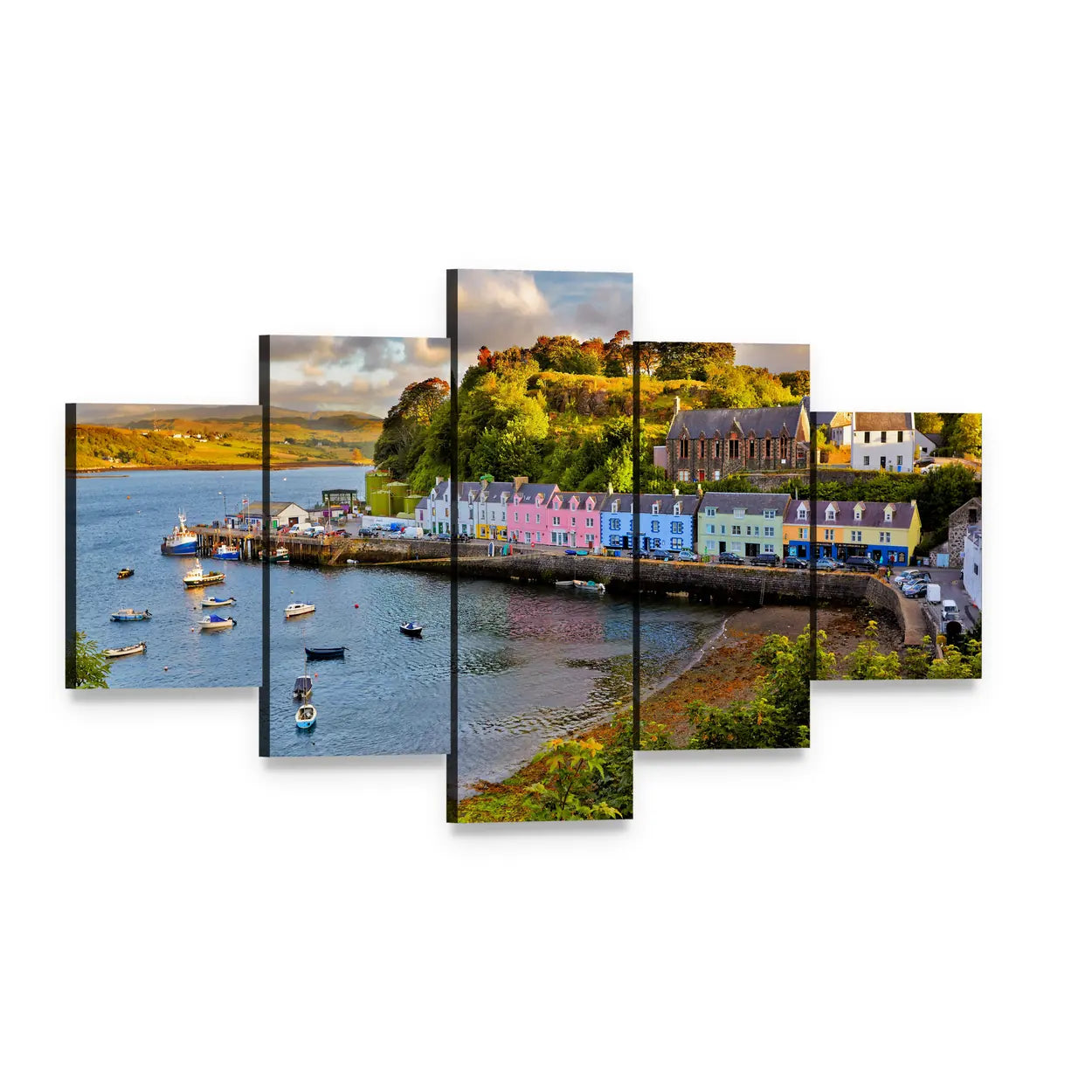 Portree Harbor Before Sunset Canvas Wall Art, 5 panel 5 Star layout gallery wrapped canvas set, angled product view