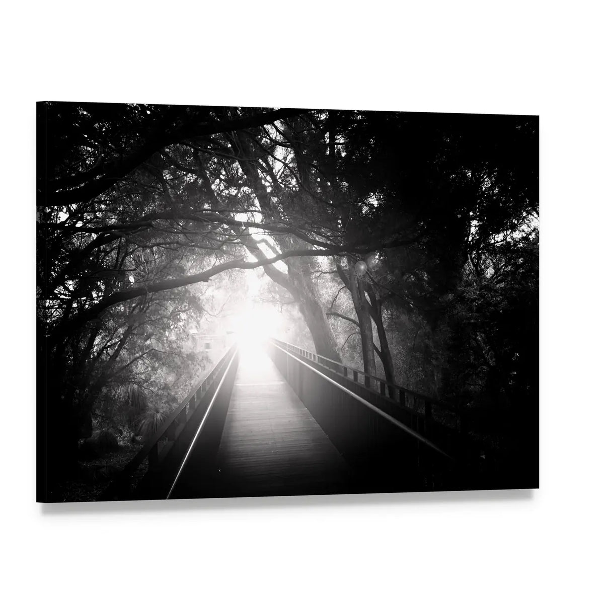 Wooden Bridge Into Sunlit Forest Canvas Wall Art, single panel gallery wrapped canvas, angled product view