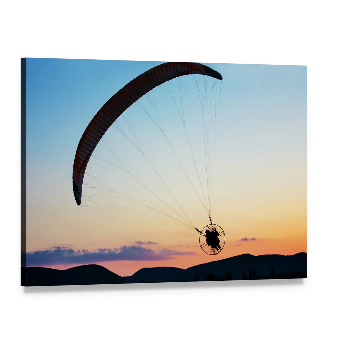 Paragliding Over Hills at Sunset Canvas Wall Art, single panel gallery wrapped canvas, angled product view
