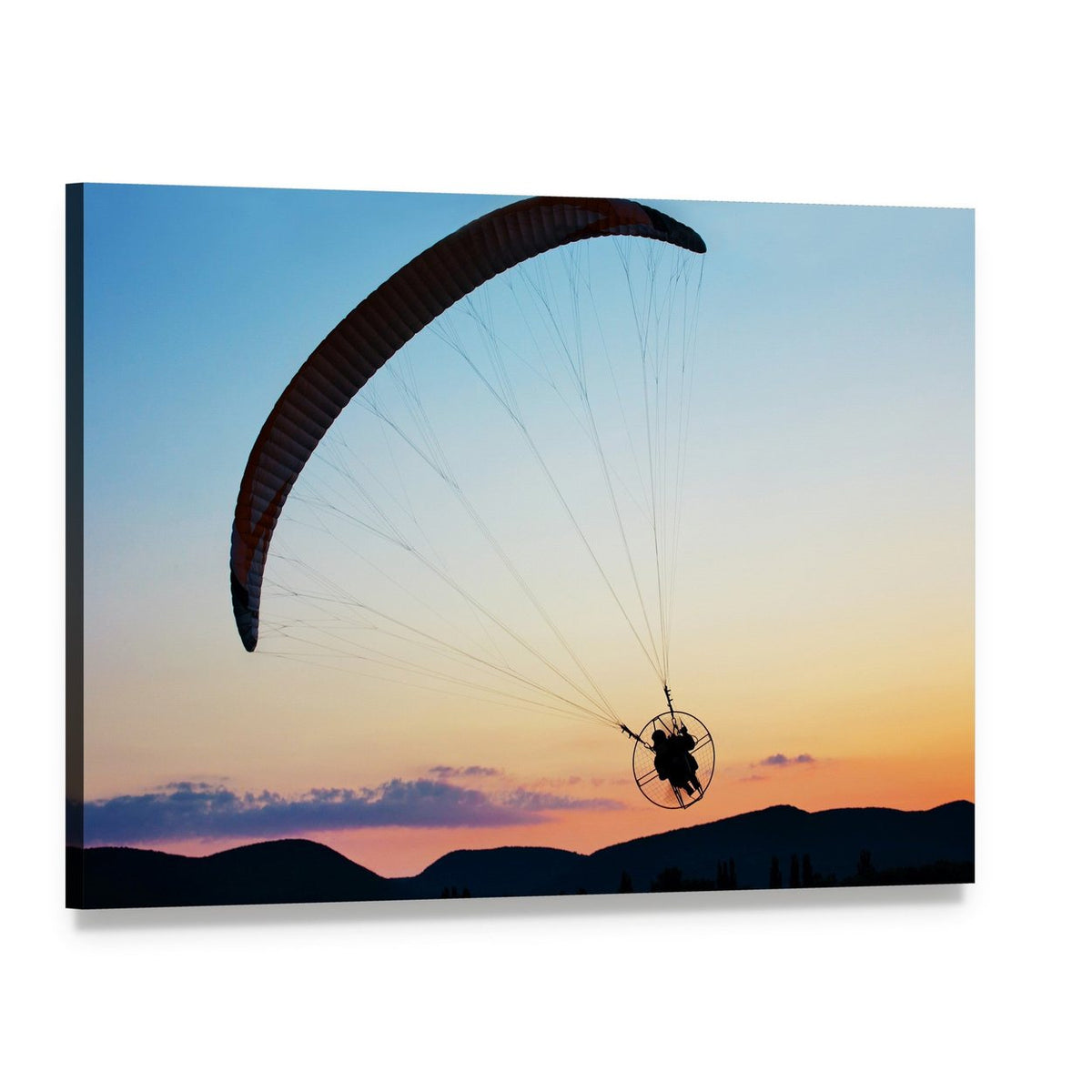 Paragliding Over the Hills at Sunset Canvas Wall Art, single panel gallery wrapped canvas, angled product view
