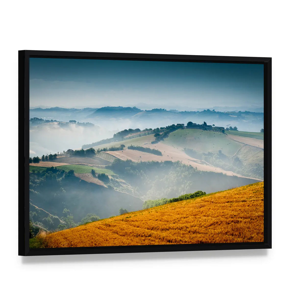 Italian Countryside in Morning Light Canvas Wall Art, framed canvas in a black floater frame, angled product view