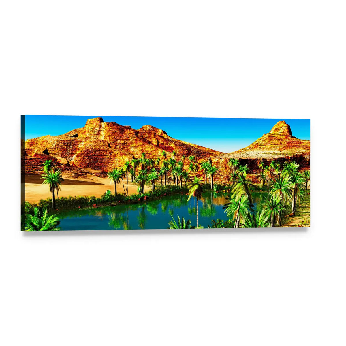 African Desert Oasis with Palm Reflections Panoramic Canvas Wall Art, single panel gallery wrapped canvas, angled product view