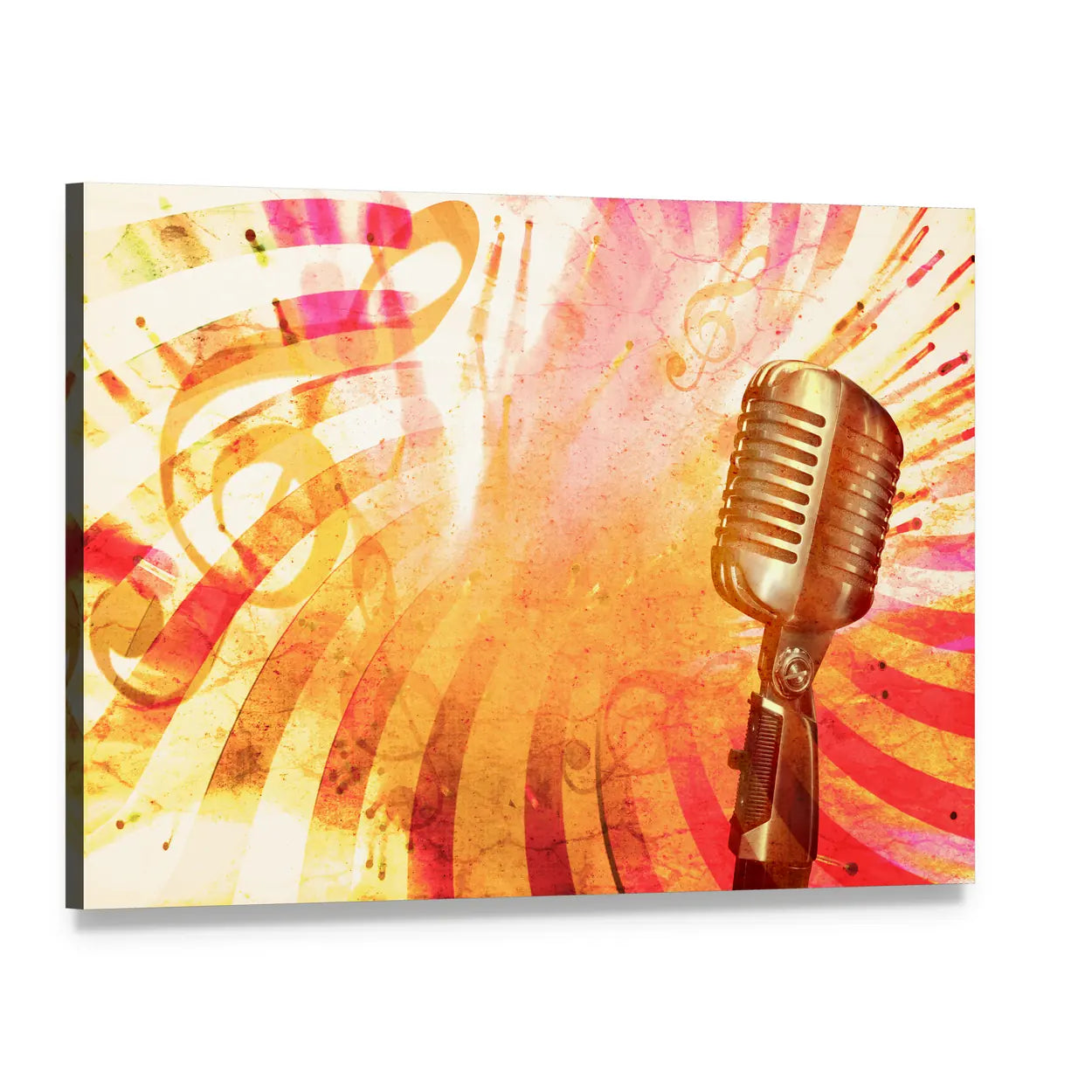Retro Microphone with Musical Notes Canvas Wall Art, single panel gallery wrapped canvas, angled product view