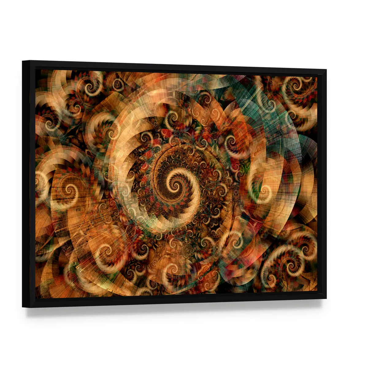 Fractal Spiral Swirls in Warm Earth Tones Canvas Wall Art, framed canvas in a black floater frame, angled product view