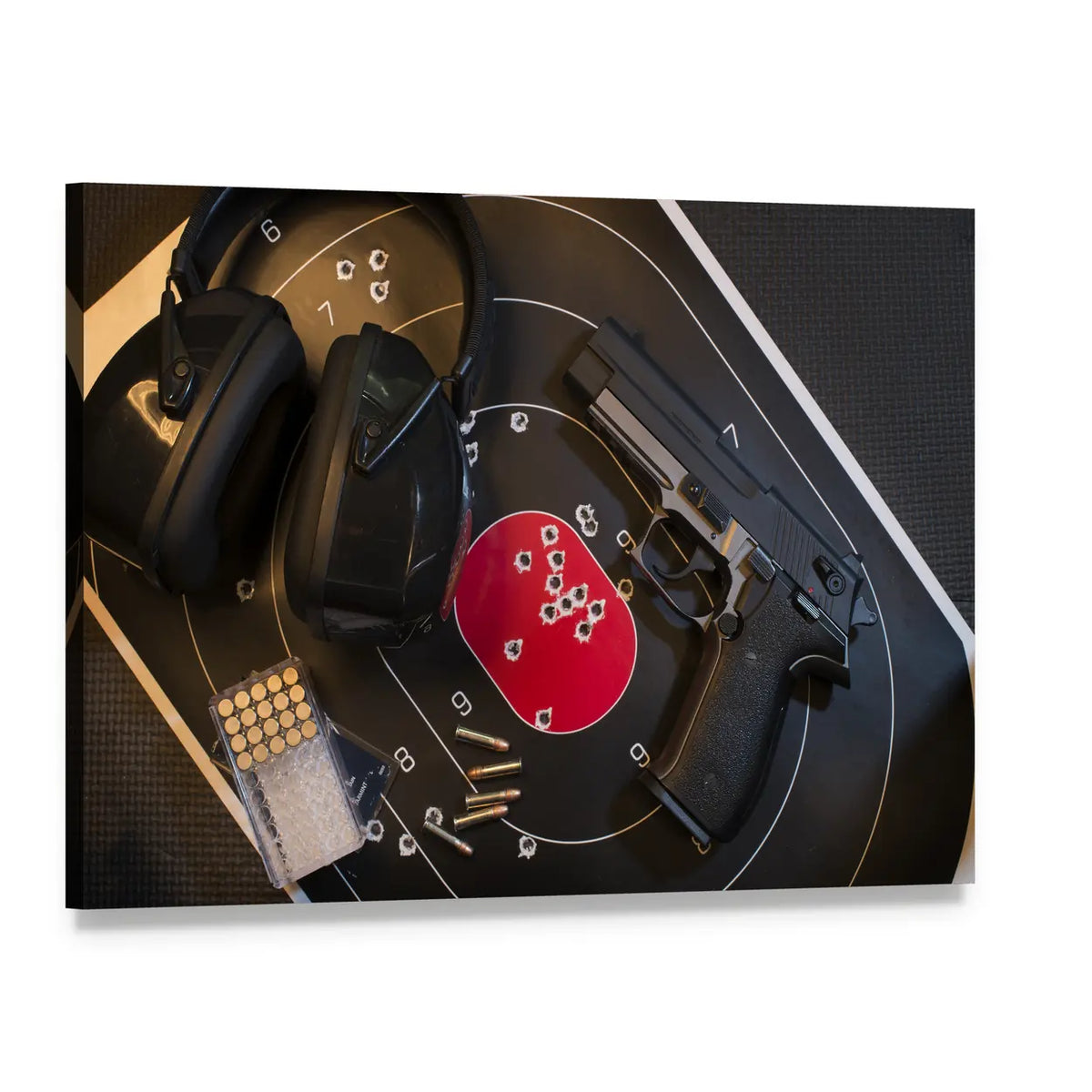 Pistol Target and Ammo Canvas Wall Art, single panel gallery wrapped canvas, angled product view