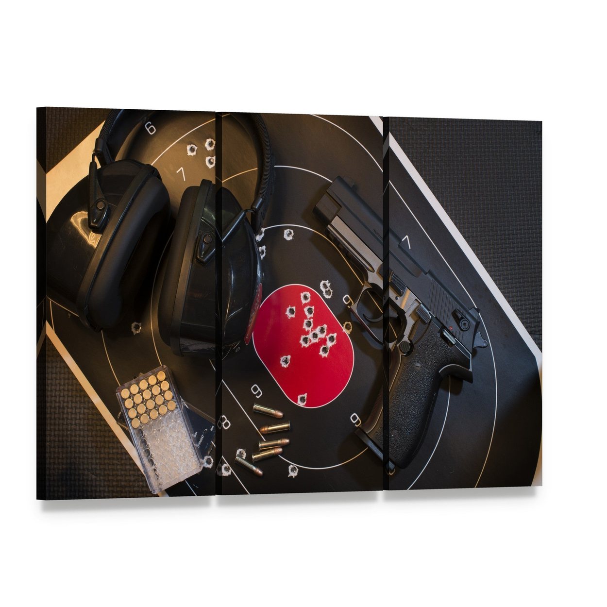 Pistol Target and Ammo Canvas Wall Art, 3 panel 3 Horizontal layout gallery wrapped canvas set, angled product view