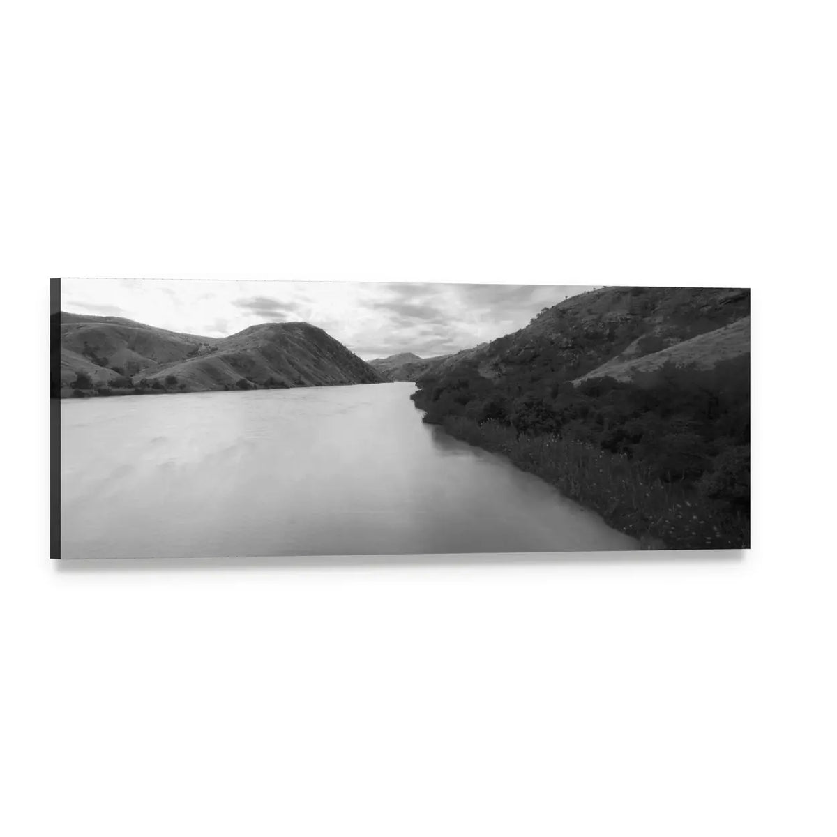Madagascar River Black and White Landscape Panoramic Canvas Wall Art, single panel gallery wrapped canvas, angled product view