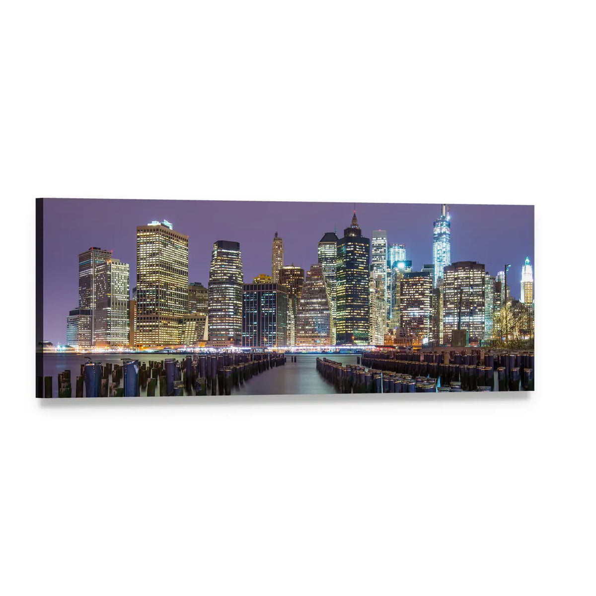 Lower Manhattan Skyline Panoramic Canvas Wall Art, single panel gallery wrapped canvas, angled product view
