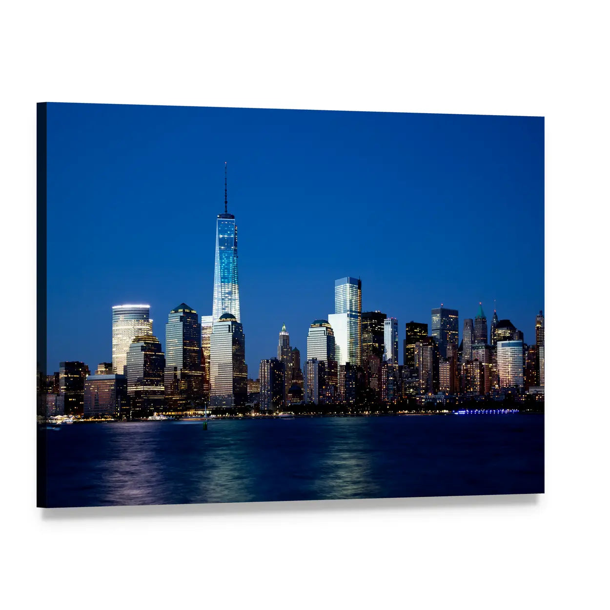 Lower Manhattan Skyline at Night Canvas Wall Art, single panel gallery wrapped canvas, angled product view
